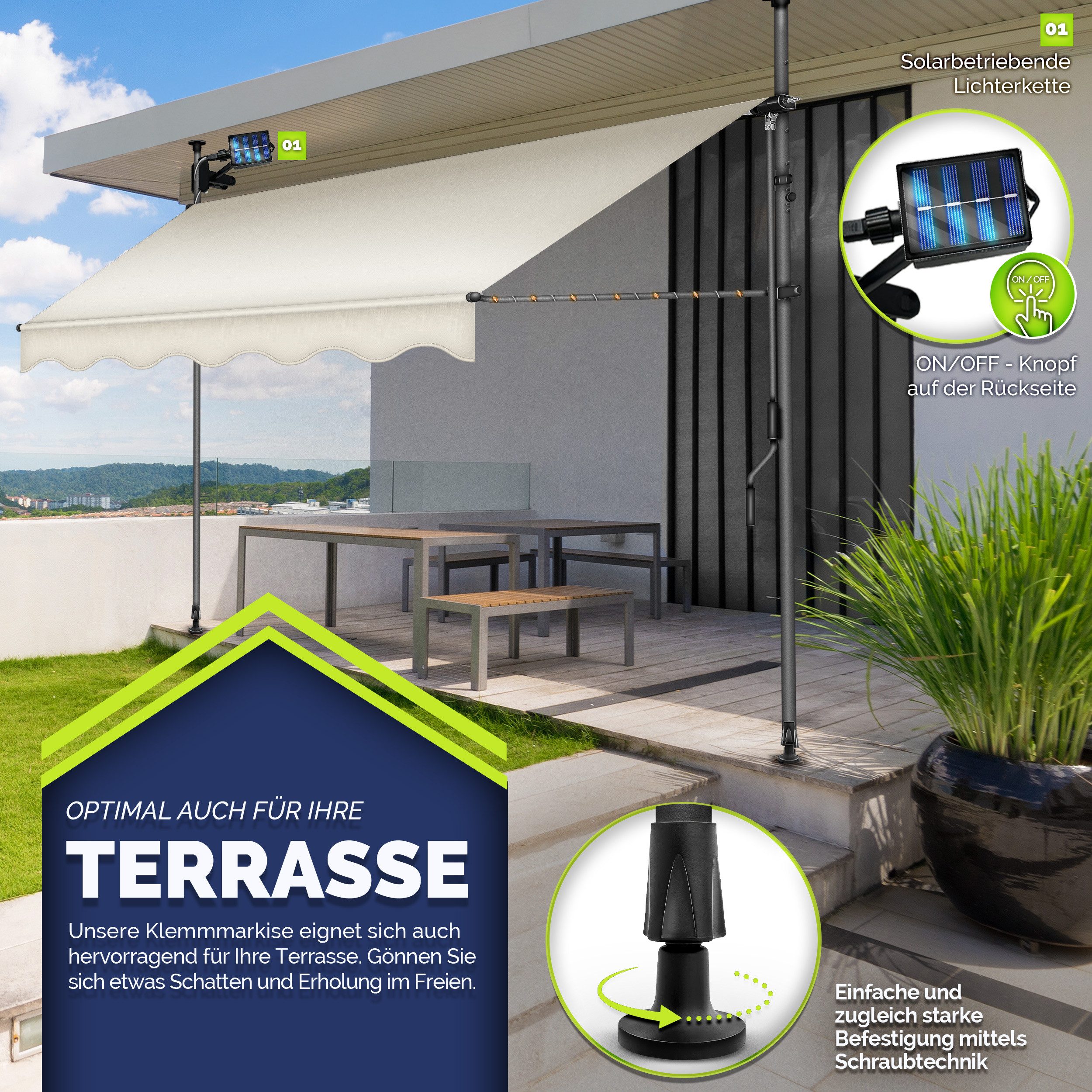 tillvex Klemmmarkise ohne Bohren mit LED & Handkurbel Balkonmarkise Markise Balkon (UV-beständig & höhenverstellbar Sonnenschutz wasserdicht)