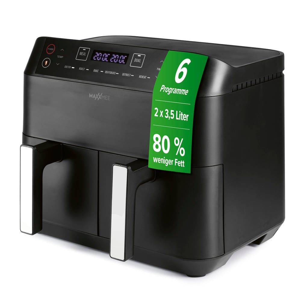MAXXMEE Heißluftfritteuse Doppelkorb 7,6 Liter, Digitale Doppel Heiß-Luftfritteuse, 2400 W, 2x 3,8 Liter,  Airfryer mit 2400 Watt - Schwarz