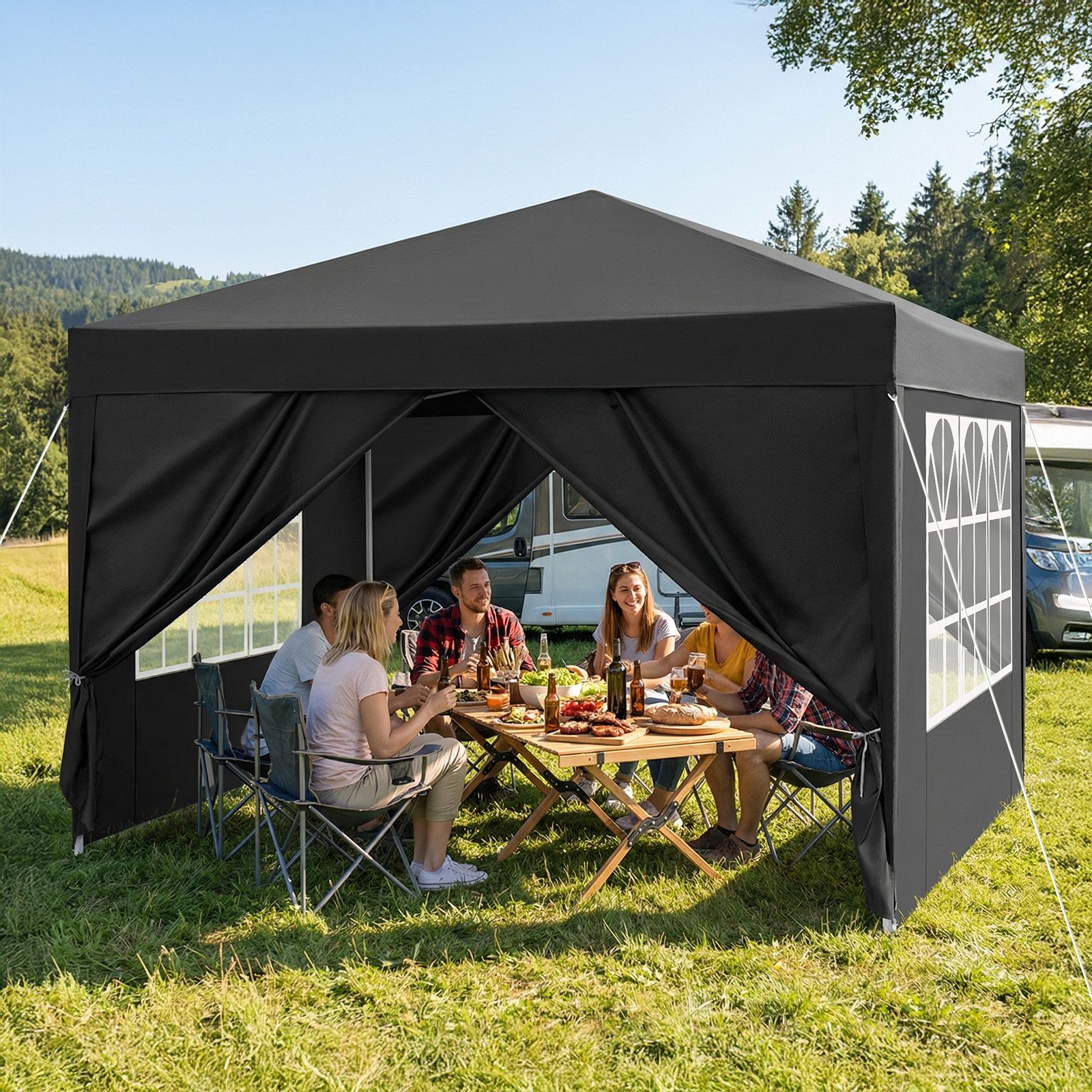 LALAHO Faltpavillon 3x3 m Gartenpavillon mit 4 seitenteilen Pop Up Pavillon UV-Schutz 50+, mit 4 Seitenteilen, Partyzelt höhenverstellbarer, mit Tragetasche, für Garten Camping