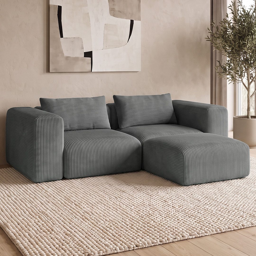 skølm Sofa Hårga aus Cord, Vollschaumcouch mit Federkern und Vakuum-Kompression, Couch 2-Sitzer + Hocker inkl. 2 Kissen, Dunkelgrau, kein Aufbau erforderlich