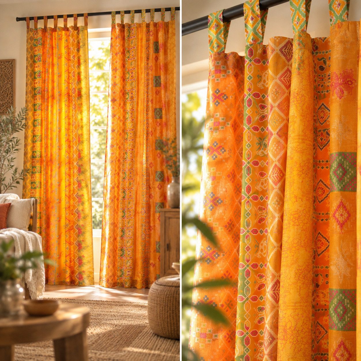 Karmandala Vorhang Boho Vorhang aus Sari-Stoff Gelb 2er-Set Schlaufenschal blickdicht, Schlaufen, Orientalisches Boho Gardinen Set Vorhang mit Aufhängeschlaufen