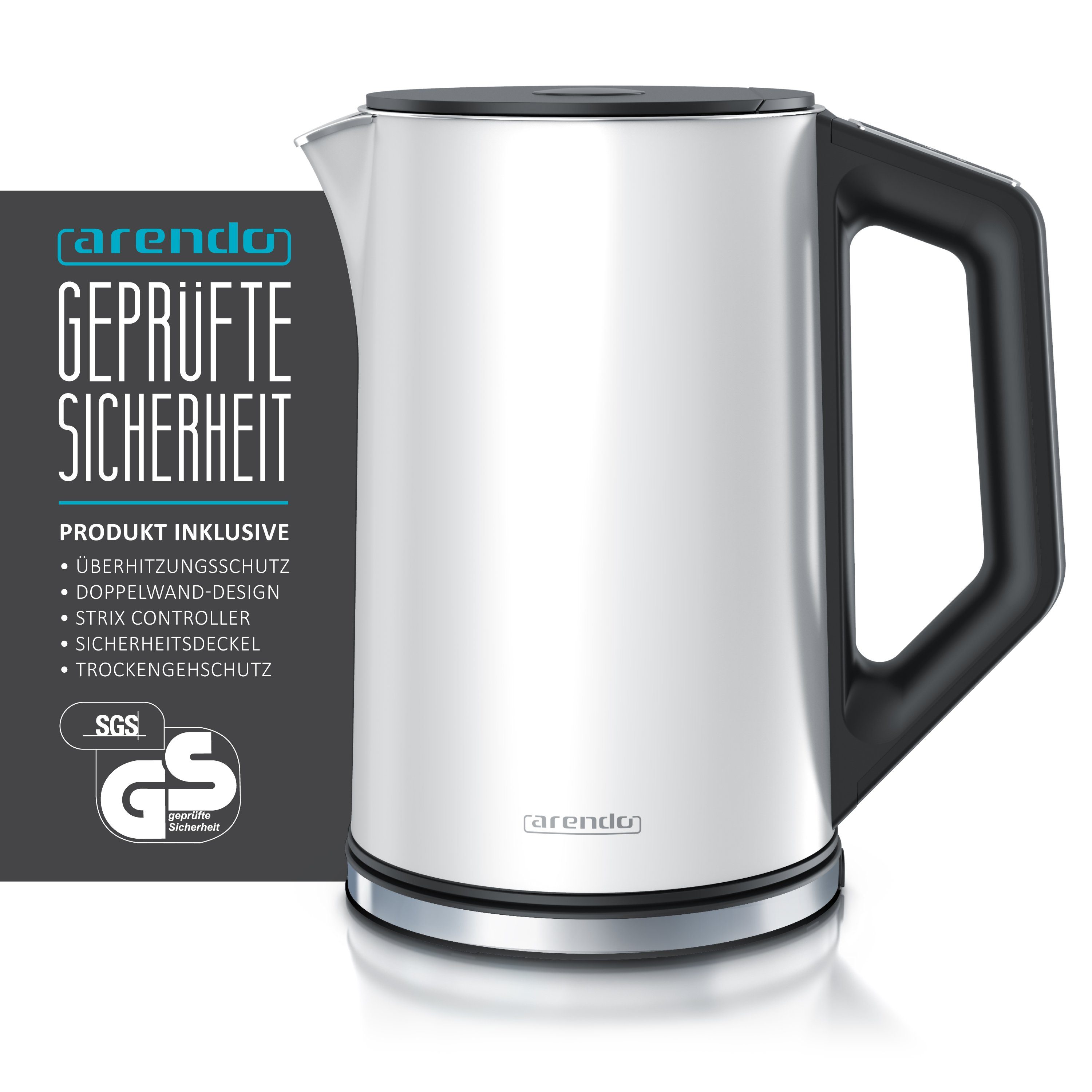 Arendo Wasserkocher aus Edelstahl, Temperatureinstellung 40°–100°C mit Anzeige, Doppelwand, 1,5 l, 2200 W, Teekocher mit Temperaturanzeige, in 5 °C-Schritten einstellbar