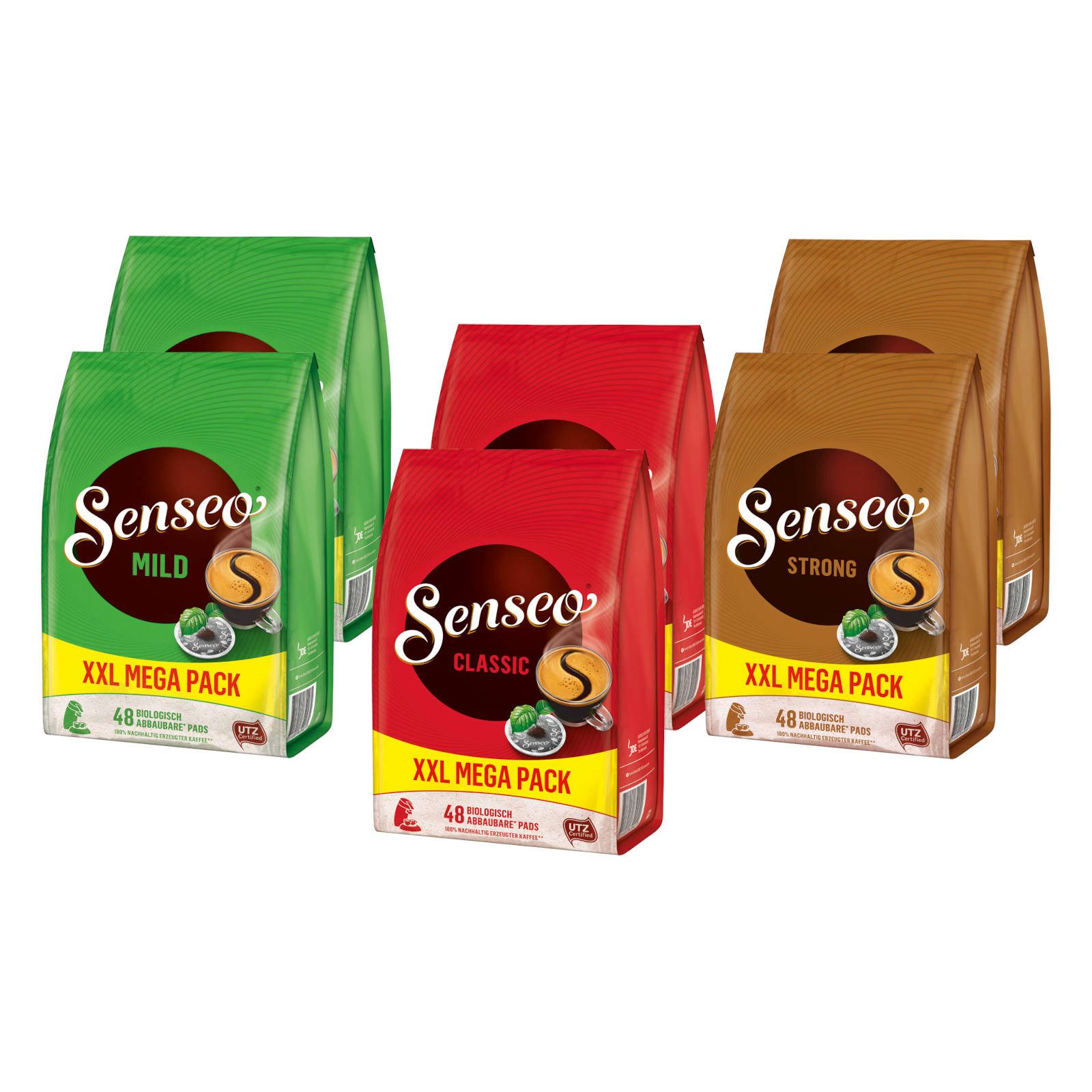 Senseo Kaffee Pads XXL Probierpaket 3 Sorten Mild Classic Strong 288 Kaffeepads, 1998 g, (Packung, 6er Pack)