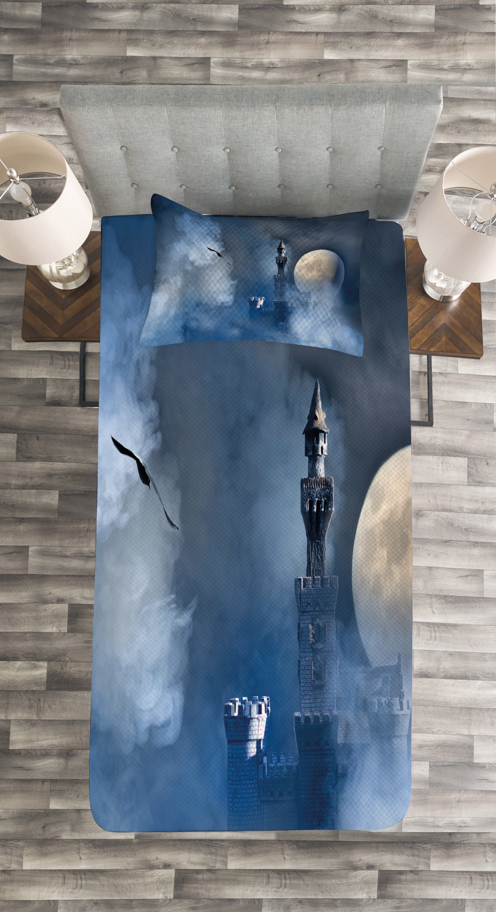 Abakuhaus, Kissenbezügen mit auf Schloss Set Wolken Tagesdecke Fantasie Gothic Waschbar,