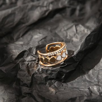 KARMA Fingerring Damenring Gold Edelstahl mit Herzen und Kristallen verstellbar, Ring Damen Damenschmuck Goldring