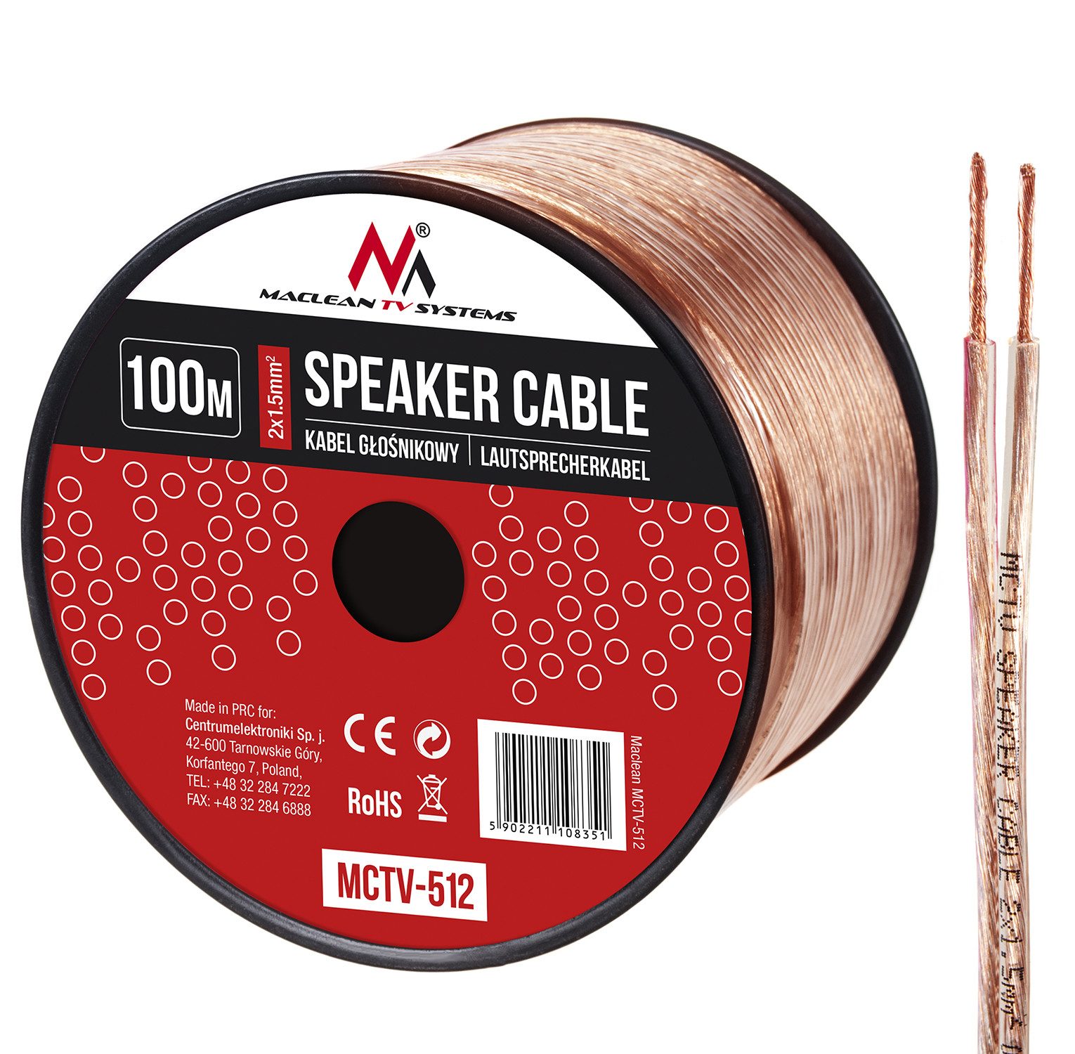 Maclean MCTV-512 Audio-Kabel, (10000 cm), 100m Lautsprecherkabel 2x 1.5mm2