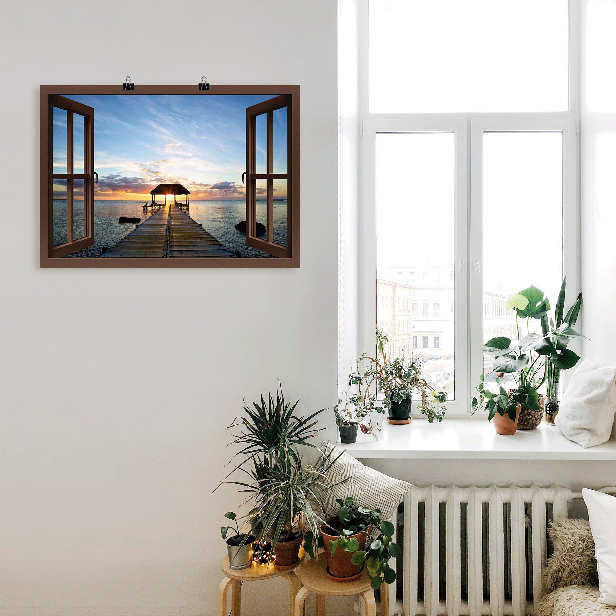 Artland Wandbild Fensterblick Steg im als Alubild, Leinwandbild, (1 Größen Poster versch. Fensterblick Gegenlicht, oder St), in Wandaufkleber