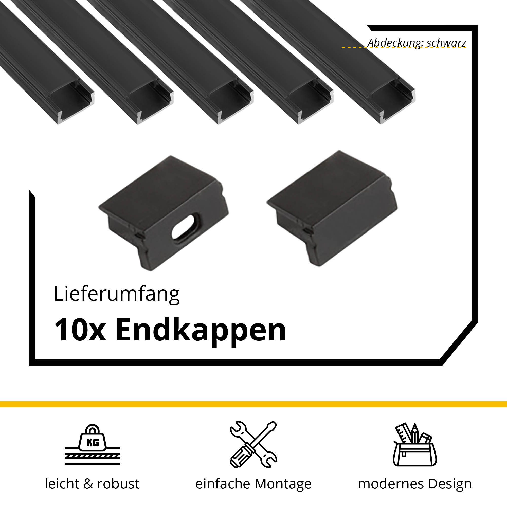 tktrading24 LED-Stripe-Profil 5x A15 LED Profil 2m - Schwarz inkl. Abdeckung, Halter & Endkappen – Bild 3 von 5