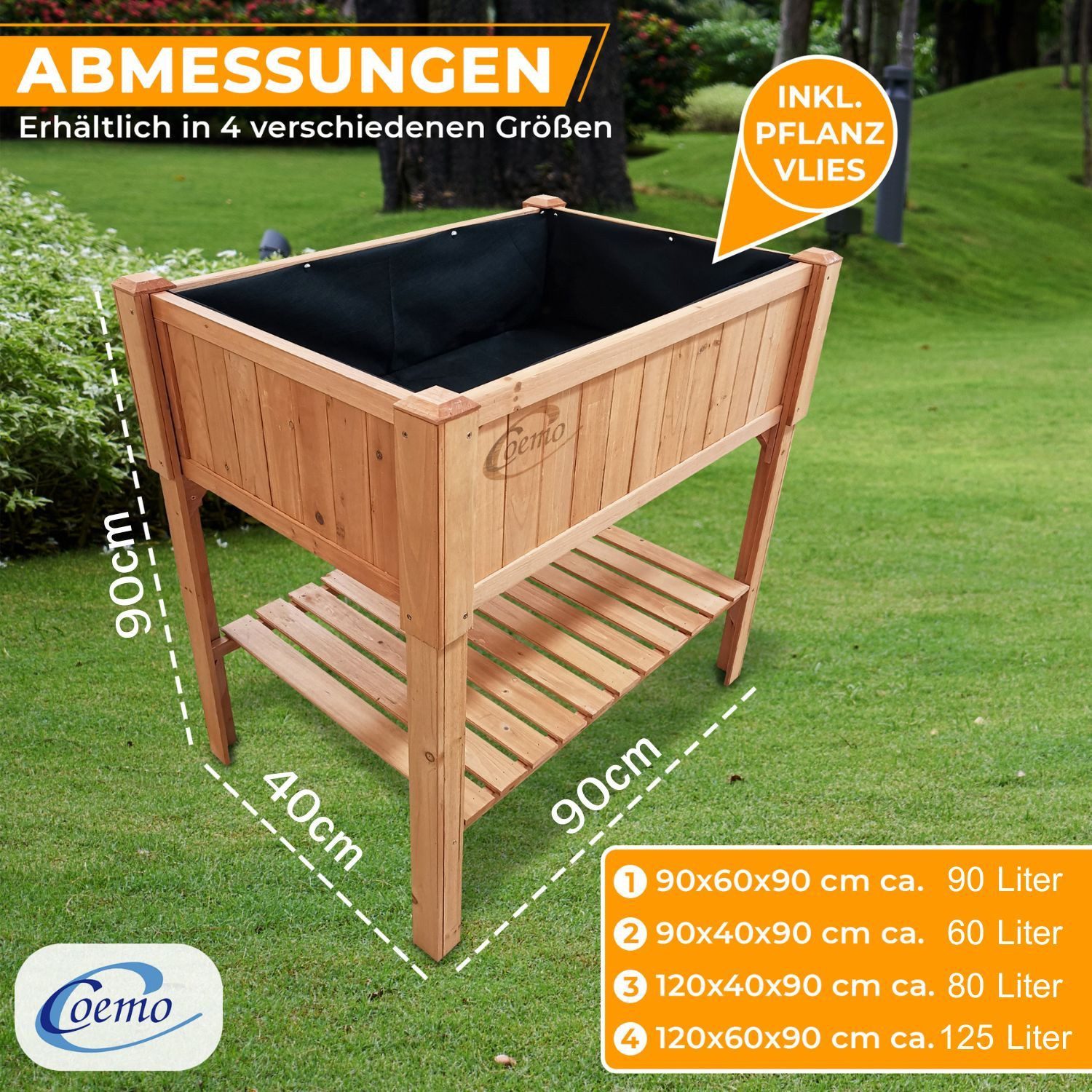 Coemo Hochbeet (1 St), mit Ablage Kräuterbeet 90x40 Pflanztrog inkl. Pflanzvlies Hochbeet