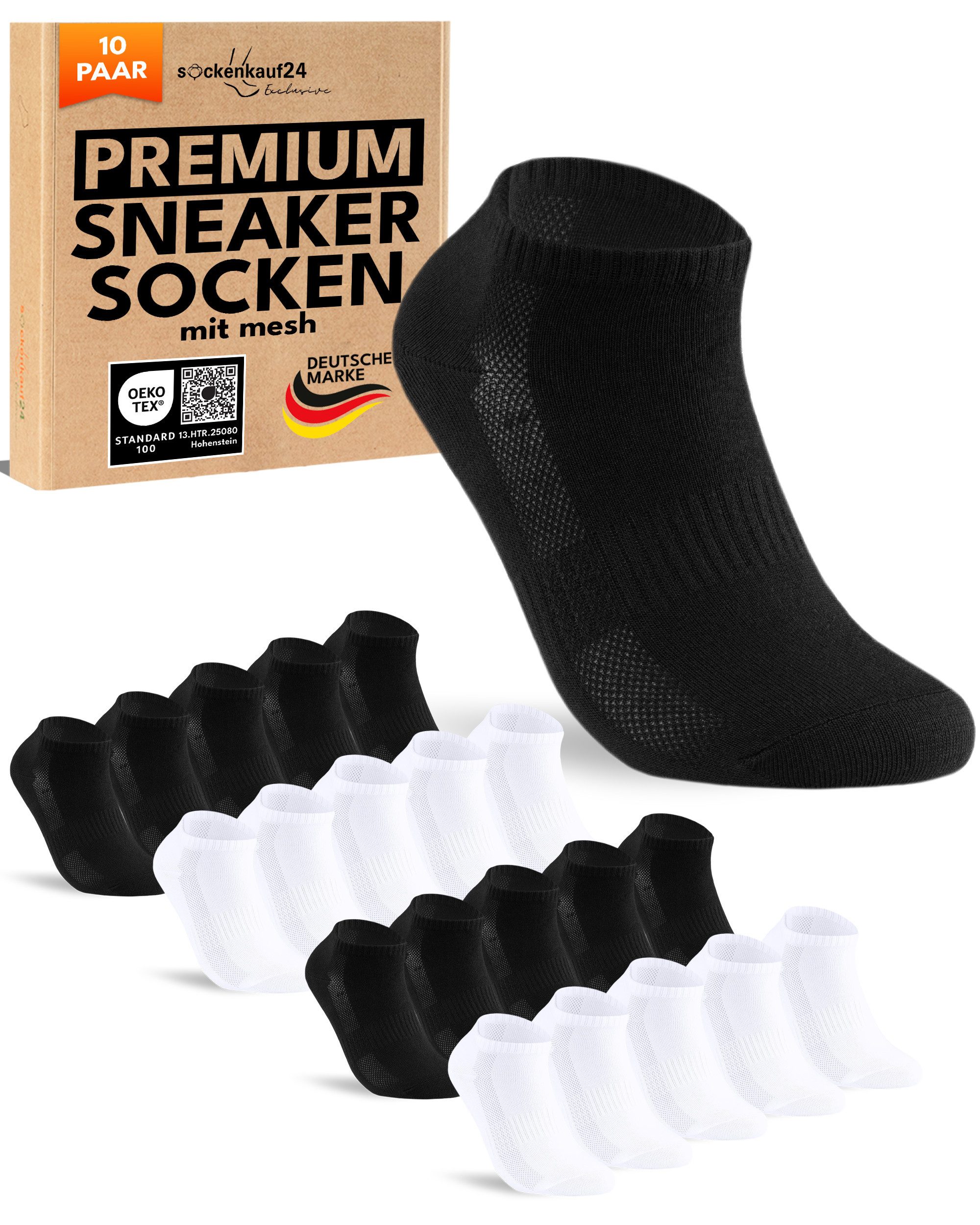 sockenkauf24 Sneakersocken 10 Paar Sneaker Socken Herren Damen Sportsocken Baumwolle (10-Paar) Atmungsaktiv mit Mesh-Streifen