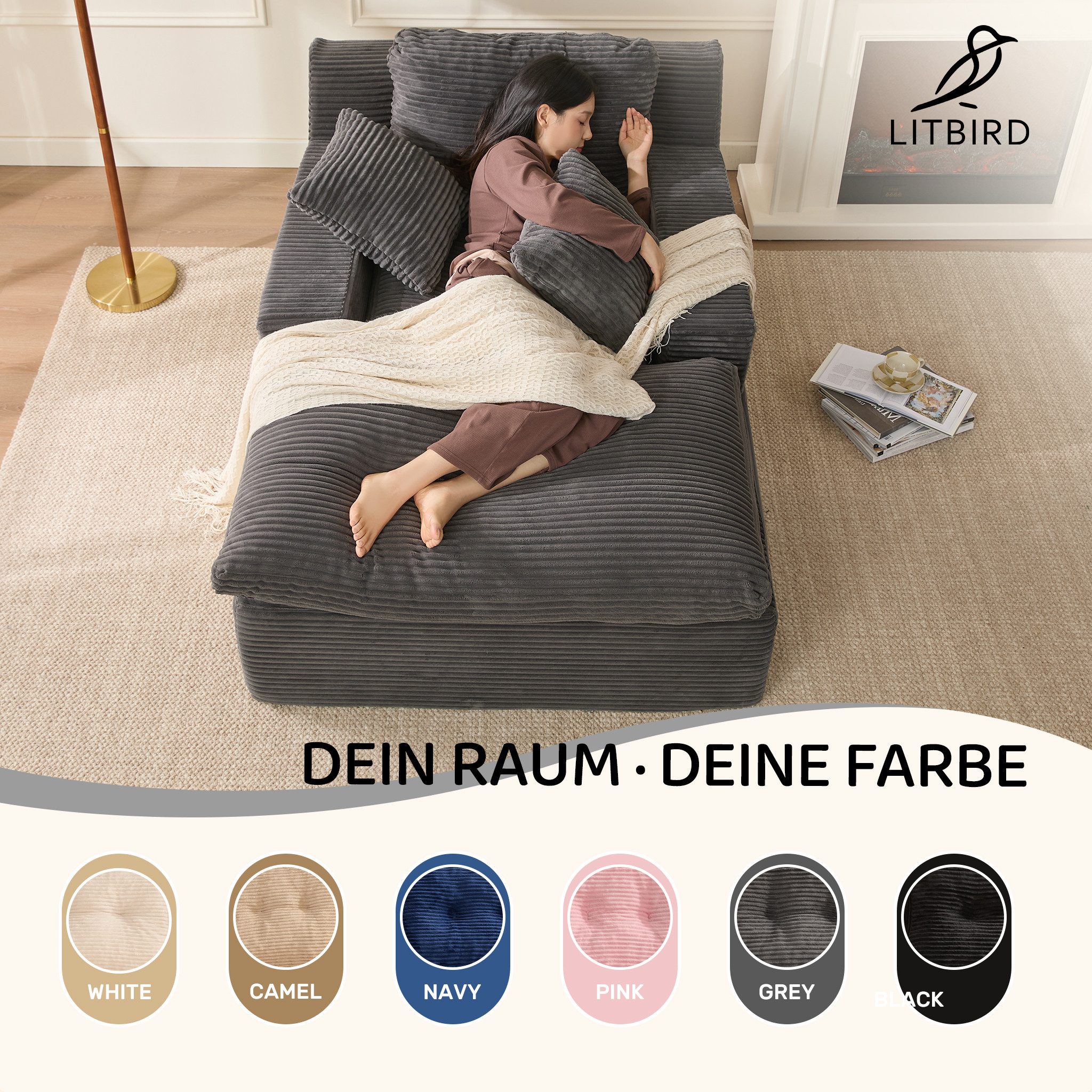 LITBIRD Chaiselongue 160 cm Loungesofa, Boneless Bodensofa & Schlafsofa mit Schlaffunktion, 1 Teile, Platzsparendes Cloud Sofa mit Armlehnen für Wohnzimmer