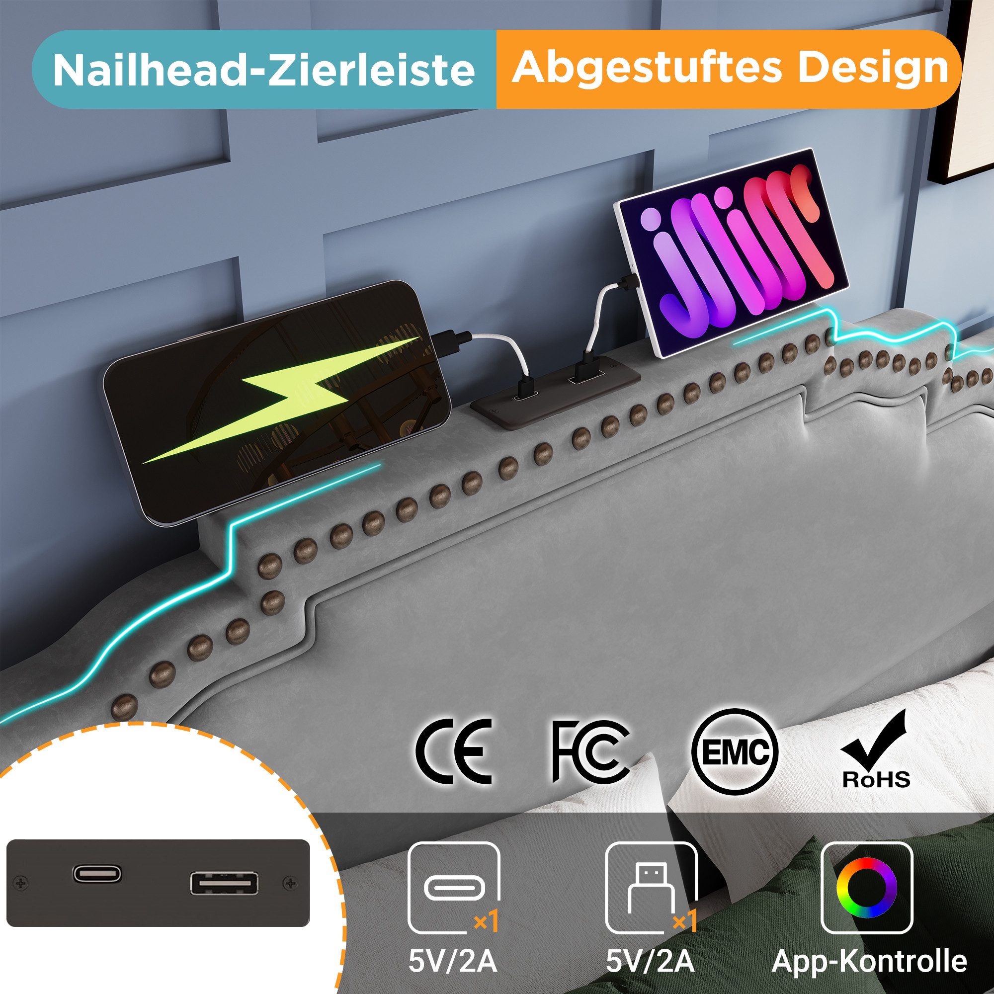 Celya Polsterbett Doppelbett mit 4 Schubladen, LED-Beleuchtung und USB-C-Ladeanschluss (Samt, ohne Matratze), 160×200cm, Stauraumbett und Jugendbett mit Lattenr – Bild 3 von 5