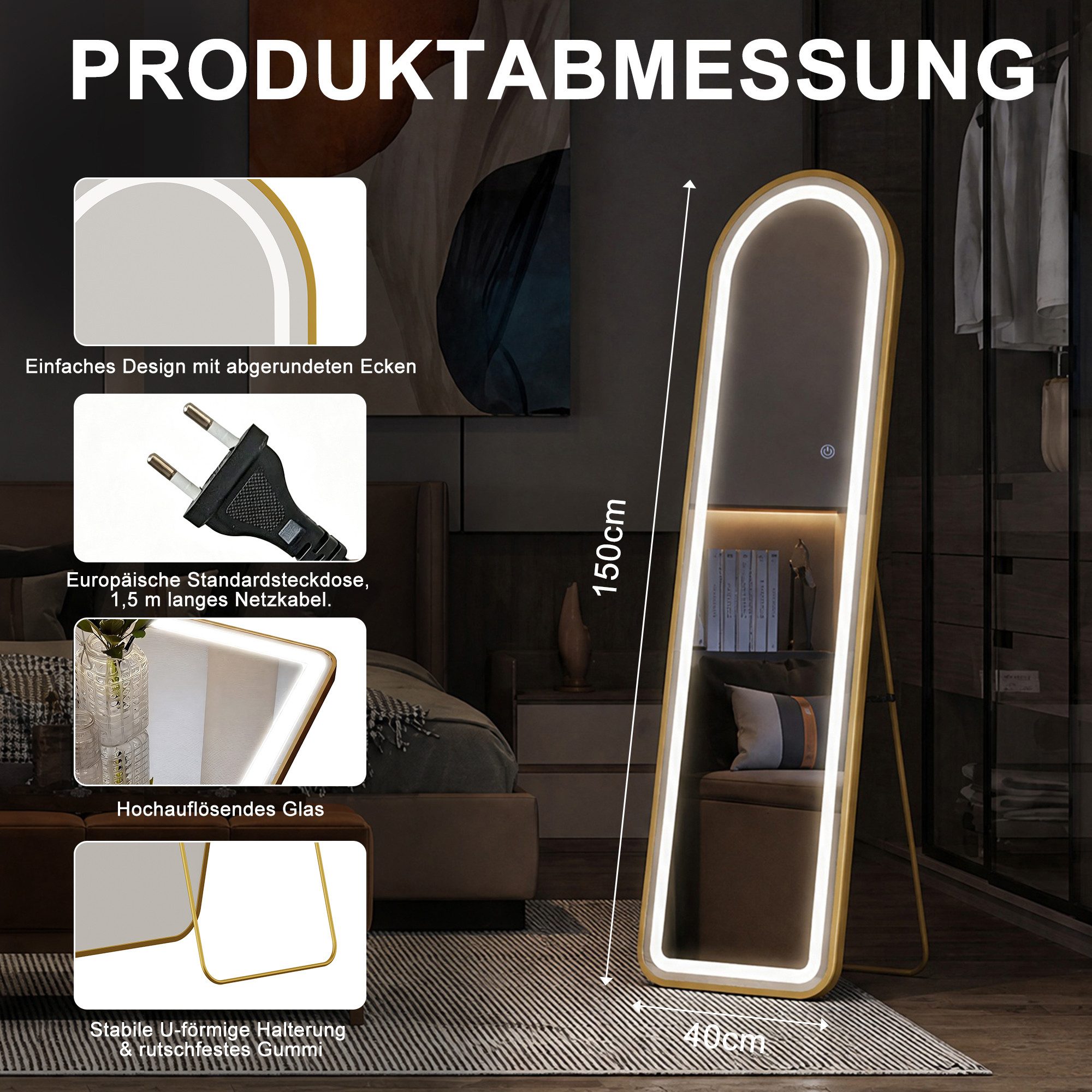 BELUPAI Ganzkörperspiegel LED Standspiegel, Moderne Wandspiegel (Set, 1-St., Großer Spiegel Bogen Bodenspiegel mit Touch-Schalter), für Schlafzimmer, Wohnzimmer – Bild 5 von 5