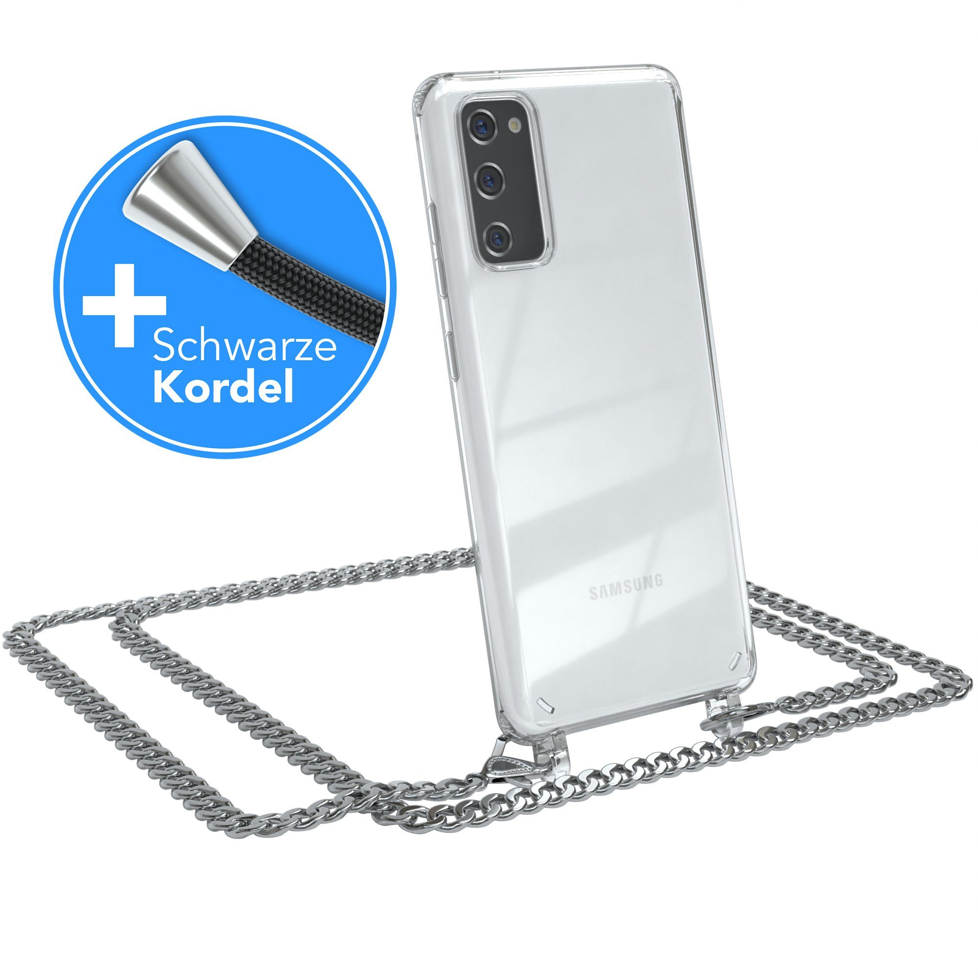 EAZY CASE Handykette 2in1 Metallkette für Samsung Galaxy S20 FE / 5G 6,5 Zoll, Hülle mit Kette Metallkette Slimcover Handykette Umhängetasche Silber