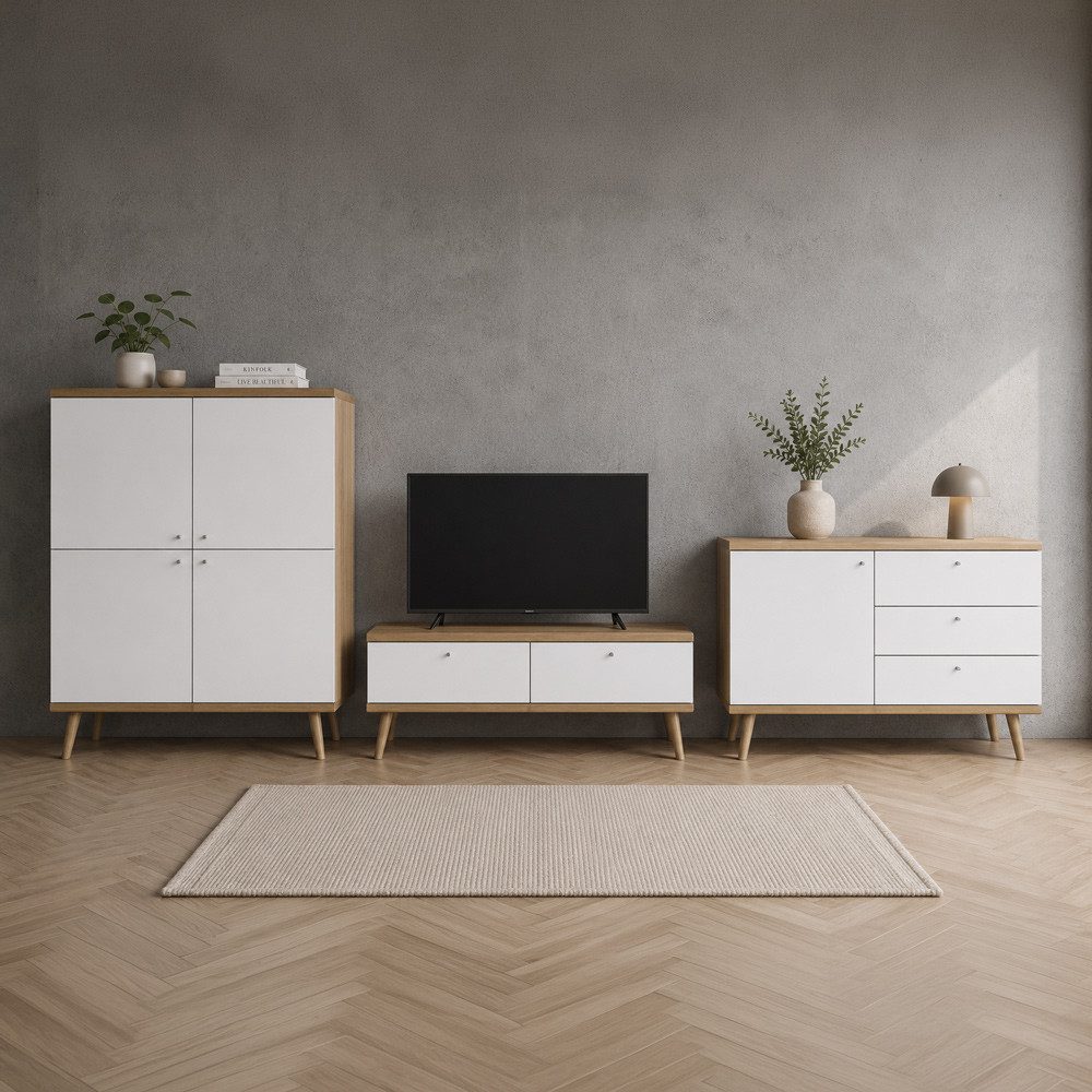 Lomadox Wohnwand POSITANO-160, (3-St., Highboard Lowboard Kommode), in Weiß mit Eiche, modernes Retro-Design