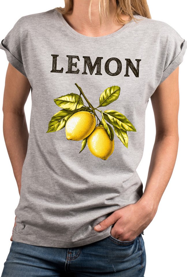 MAKAYA Kurzarmshirt mit Zitronen Print für Damen Modern Lässig Elegant (Weiß, Rosa, Grau, Grün, 34, 36, 38, 40, 42, 44, 46, 48, 50) aus Baumwolle
