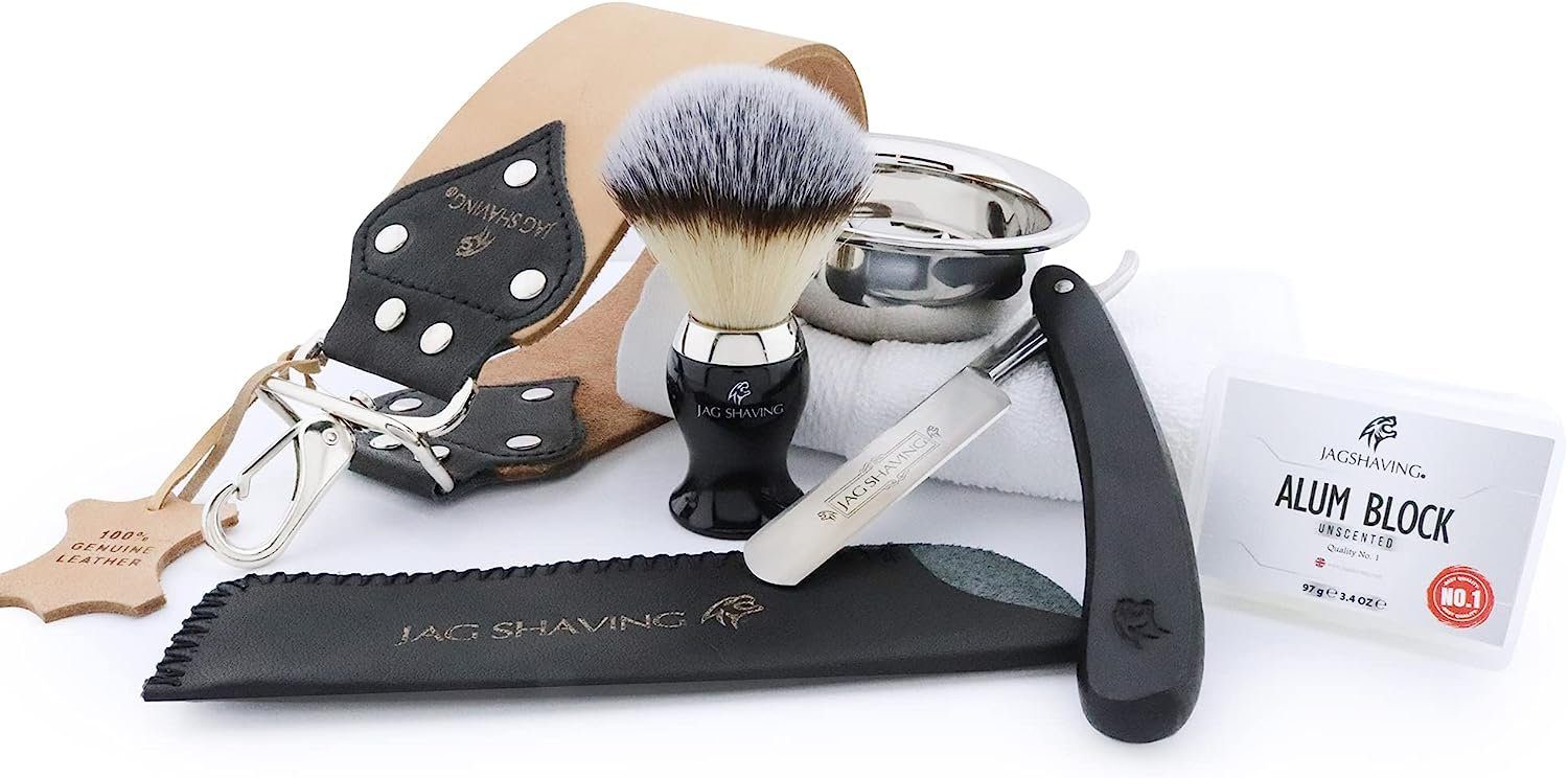 JAG SHAVING Rasierpinsel-Set Barbier-Rasierset mit Lederriemen, Rasierpinsel und Herrenrasierer, Set, 5 tlg., Soligen Rasierset für die traditionelle Nassrasur, Alaunblock & Schale, Für eine optimale Aufbewahrung den Rasierer von Hand aufbewahren.