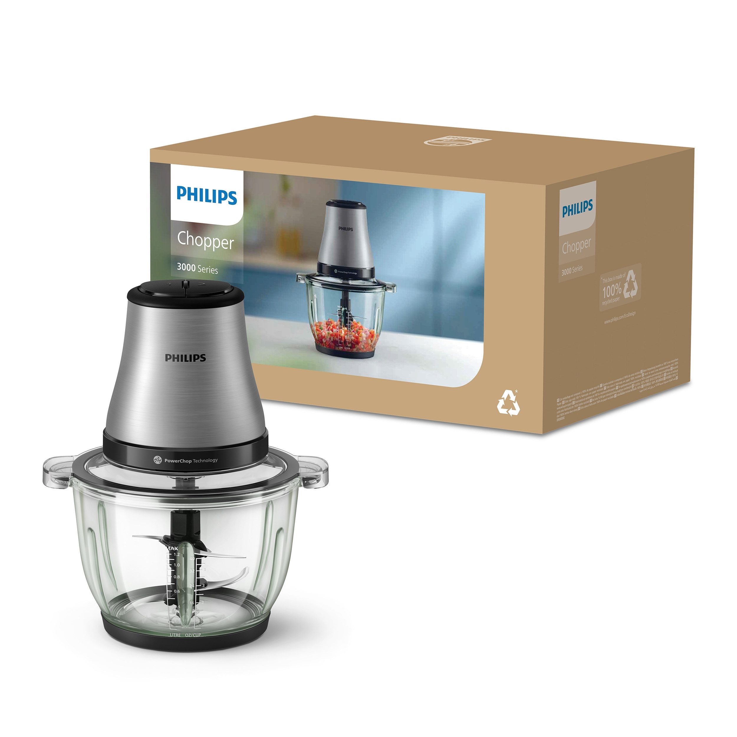 Philips Zerkleinerer HR1503/00 3000 Series mit PowerChop Technologie, 450 W, 2L Glassschüssel, Edelstahl