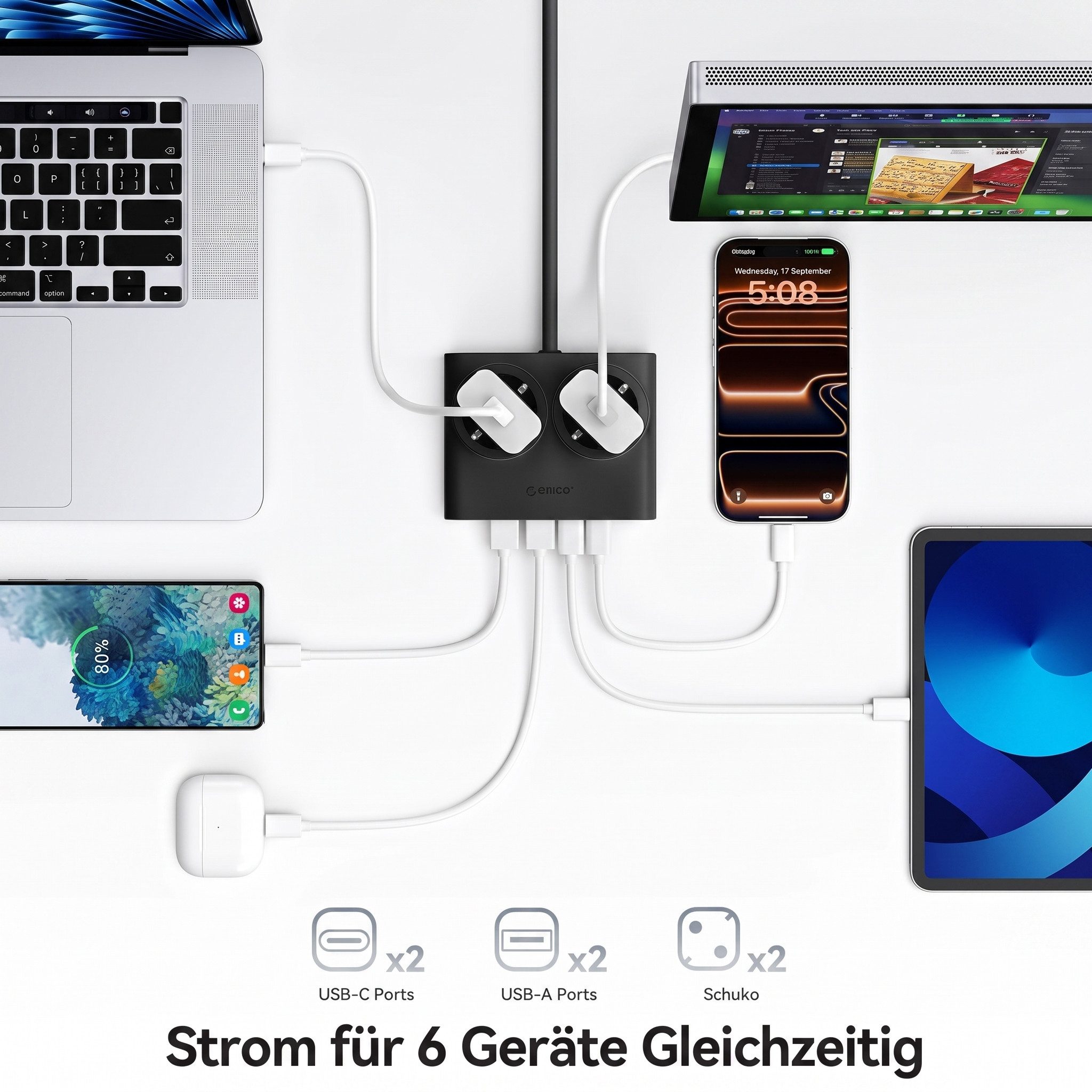 ORICO Steckdose 15W/25W GaN Mehrfachsteckdose 6-in-1 Steckdosenleiste,2AC+2USB+2CPD, acher 1,3 cm Stecke, 1-St., 1,6 m Kabel, 2500 W., für Haushalt & Büro