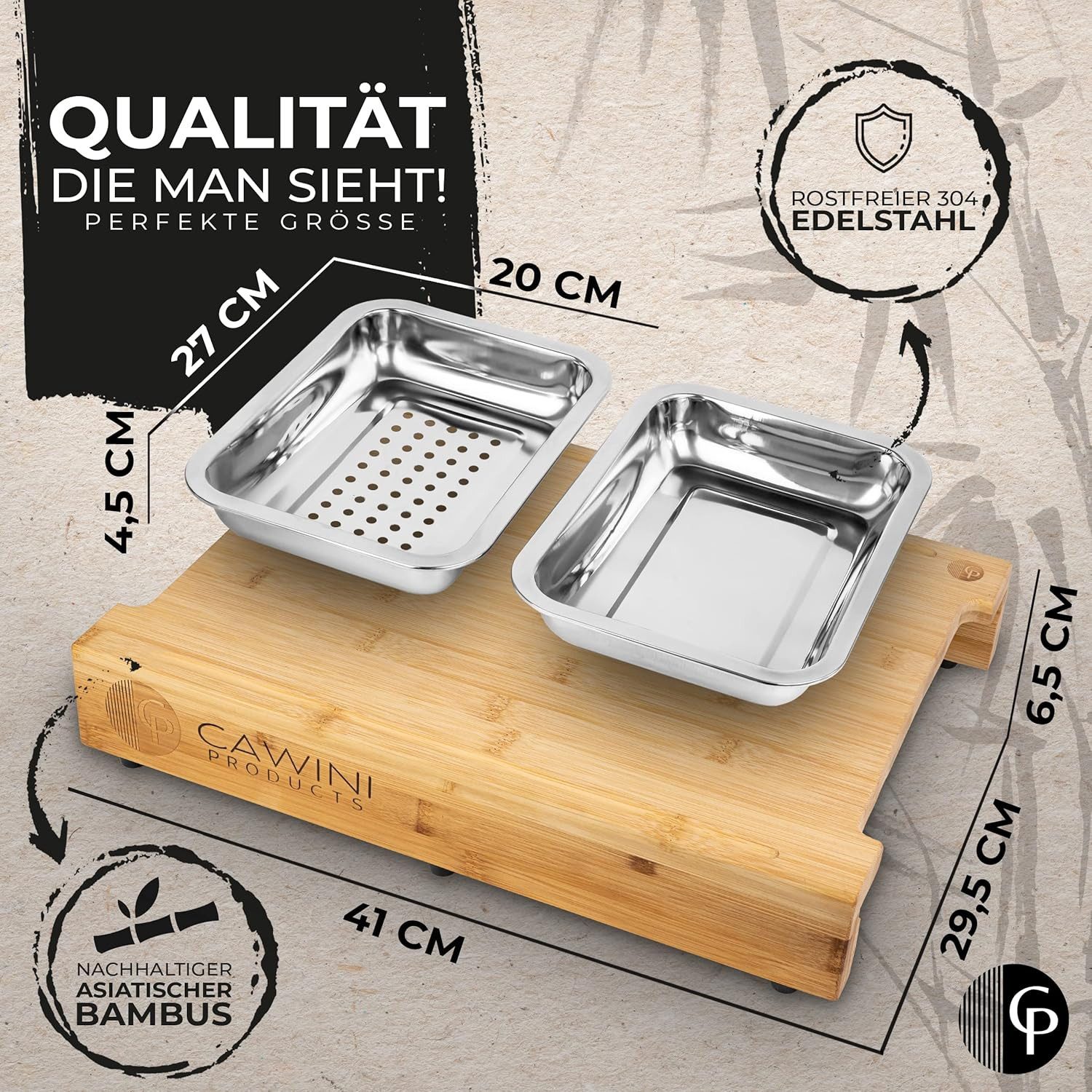 CAWINI Schneidebrett CAWINI Premium Bambus-Schneidebrett Set mit Auffangschalen & Bürste, Bambus, (XXXL Premium Frühstücksbrett-Set aus Bambus mit Auffangschalen & Zubehör., Komplettes Schneideunterlage-Set mit Edelstahl-Schalen & Bürste), Bambus-Küchenbrett mit rutschfesten Füßen & Saftrille.