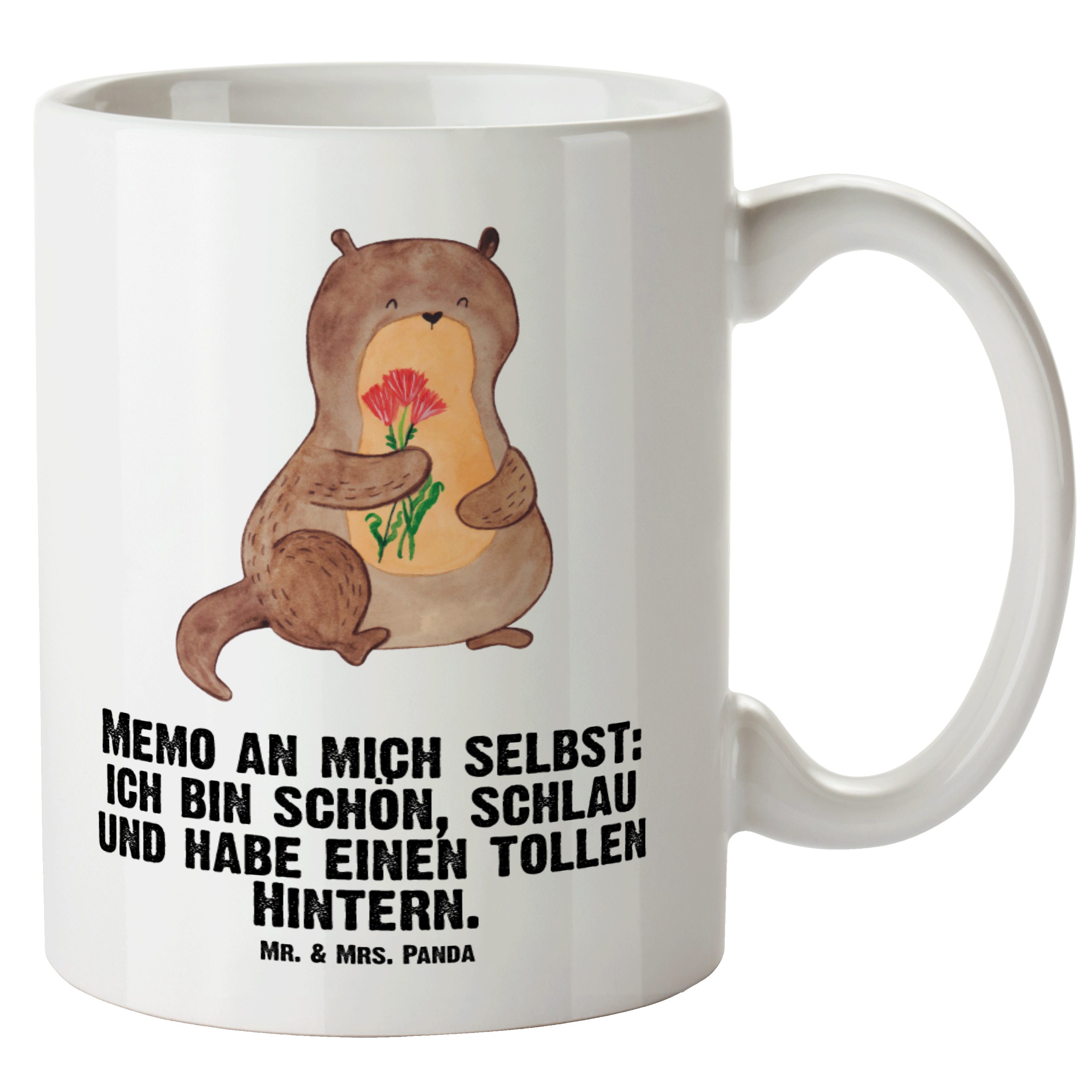 Mr. & Mrs. Panda Tasse Otter Blumenstrauß - Weiß - Geschenk, Seeotter, niedlich, Jumbo Tasse, XL Tasse Keramik