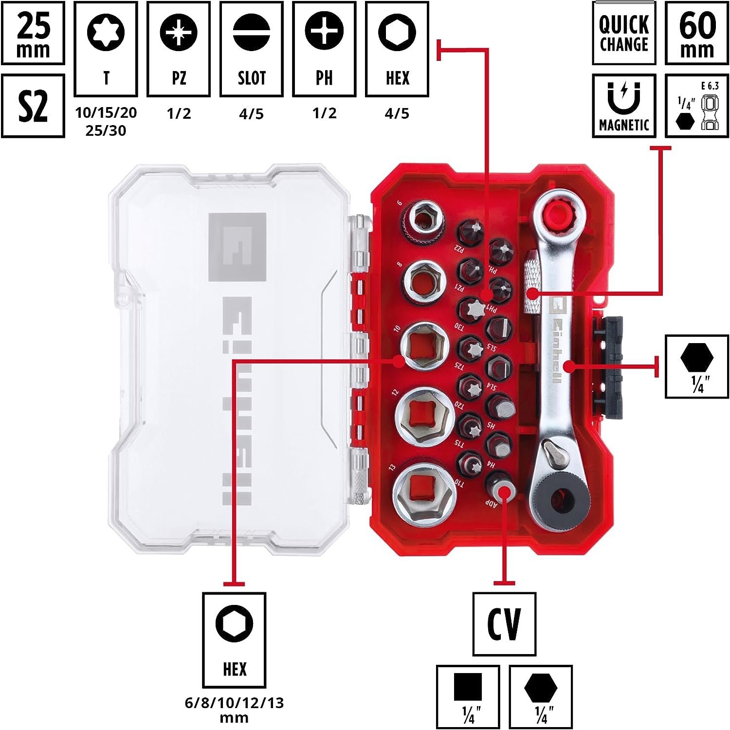 Einhell Bit-Set Einhell XS-CASE 21-tlg. Bit- und Steckschlüssel-Set (25-mm-Bits, Steck, 21-St., XS-CASE 21-tlg. Bit- und Steckschlüssel-Set, 25-mm-Bitsc