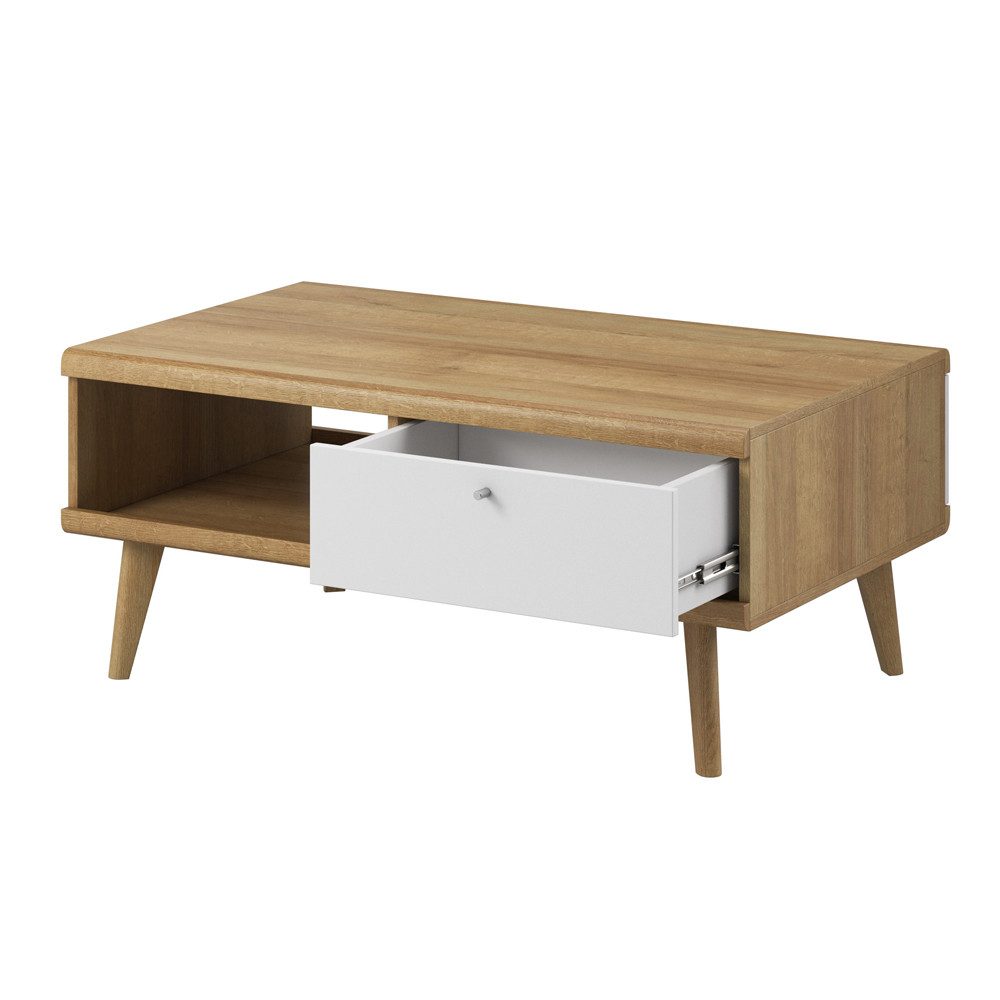 Lomadox Couchtisch POSITANO-160, in Eiche mit weißem Schubladen, 107 cm breit