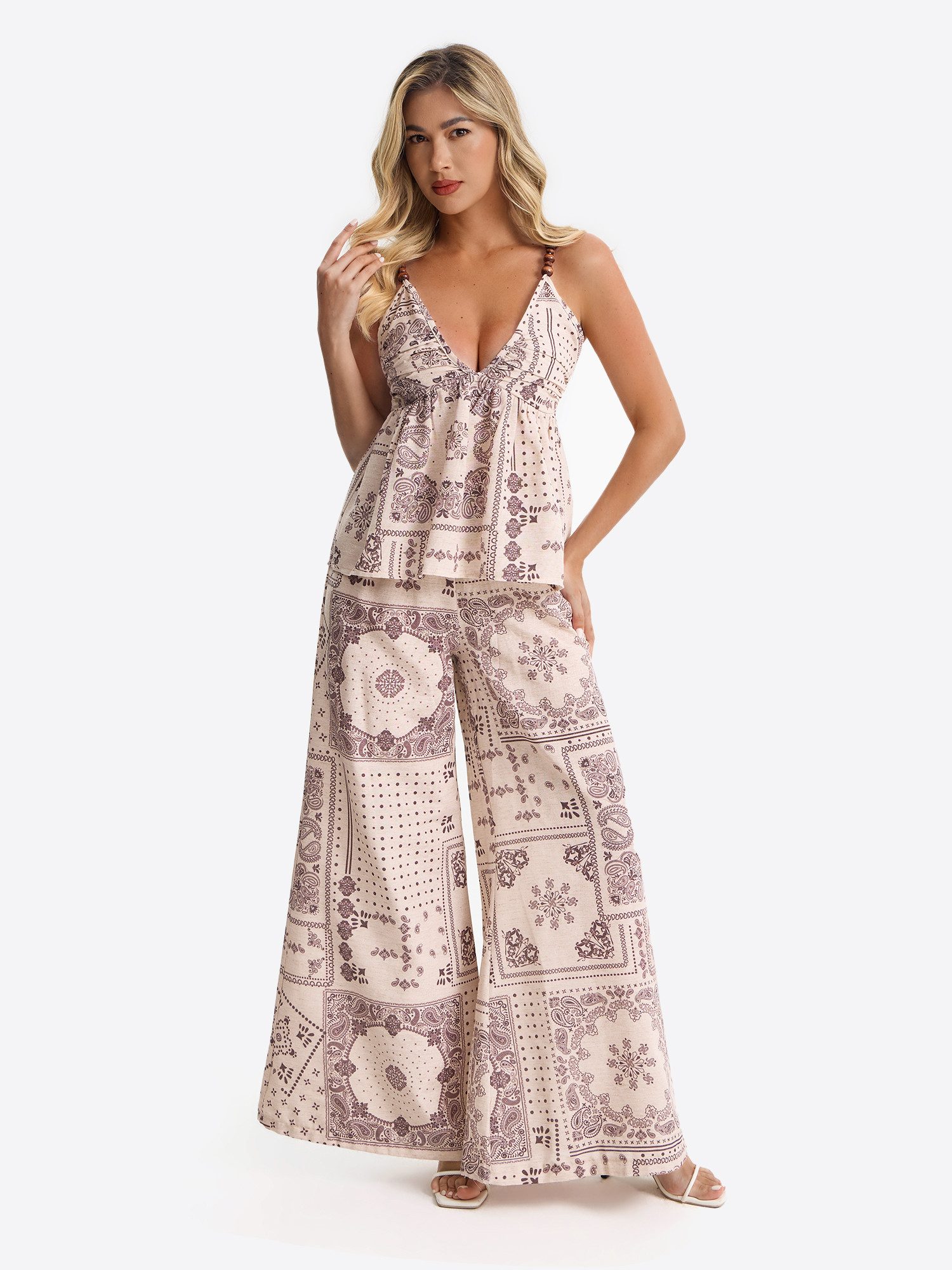 Imily Bela Hausanzug Damen 2-teiliges Strand-Set mit Perlen-Trägern und Vintage-Print (Set, 2 tlg., Trägertop + Palazzohose) Boho-Outfit