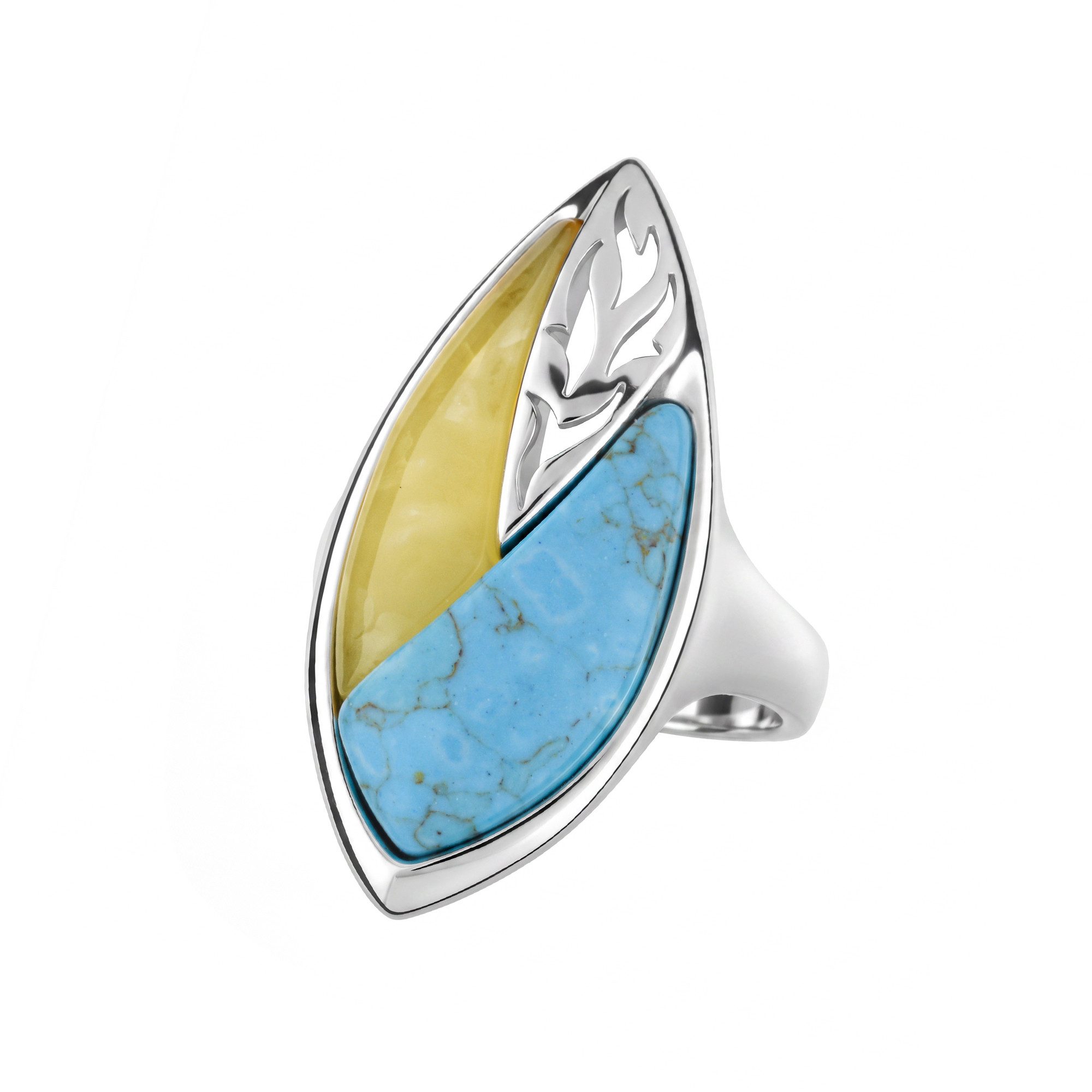 Cavill Silberring Cavill 925er Silber Ring mit 4,32 ct Bernstein & Türkis, Blattmuster (1-tlg)