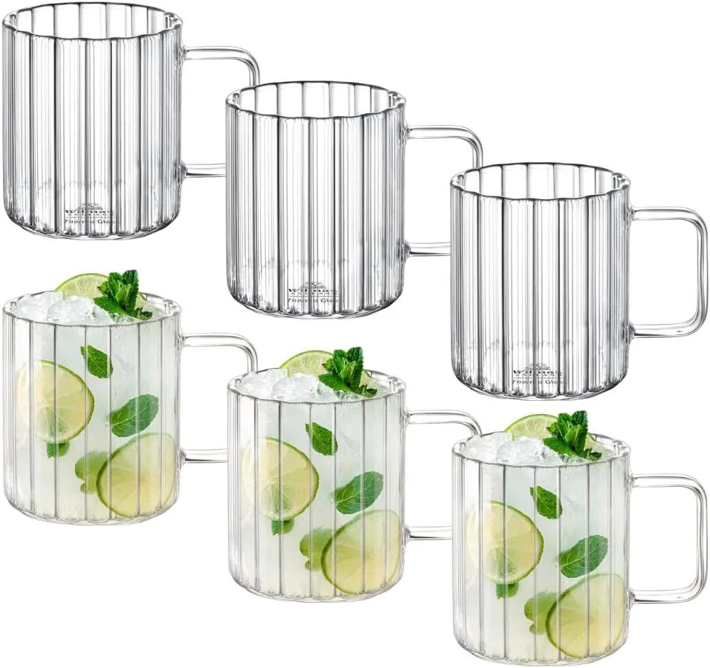 Thermoglas Thermogläser mit Henkel - 6er Set Gläser aus geriffeltem Glas für Tee