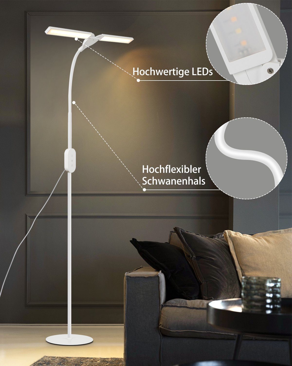 Stehlampe Leselampe LED einstellbar LED fest 9W Memory LED Timer weiß dimmbar Touch, ZMH dimmbar, integriert,