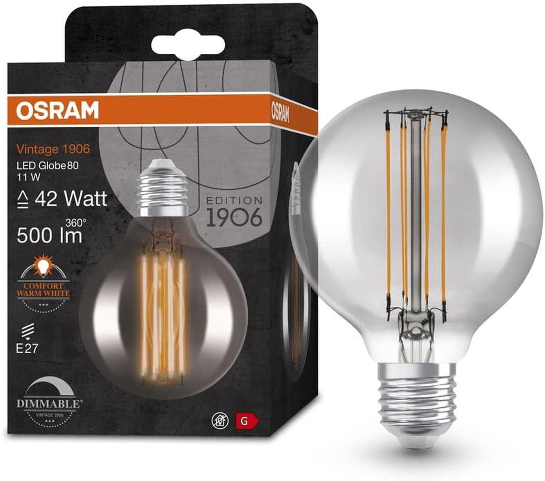Osram LED-Leuchtmittel OSRAM-Lamps-Vintage-1906-LED-Lampe-mit-Smoke-Tönun, E27, Warmweiss, Vintage 11W 500lm LED-Lampe mit Smoke-Tönung