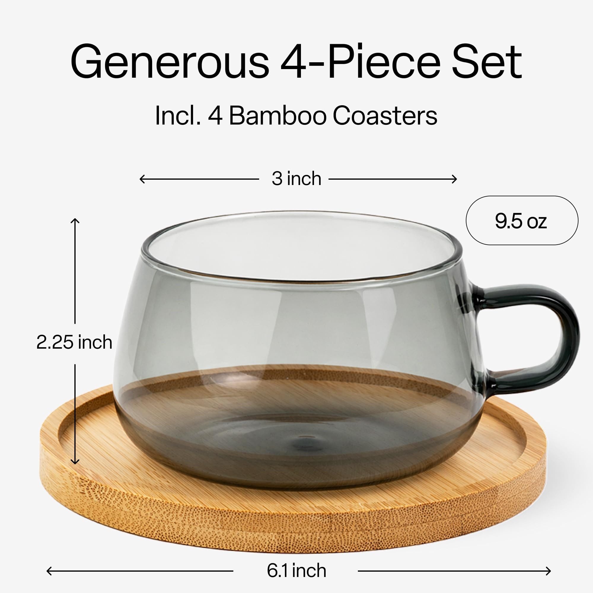 MiaMio Cappuccinotasse Olea, 280 ml, 4-tlg., Glas, mit Bambus-Untersetzer