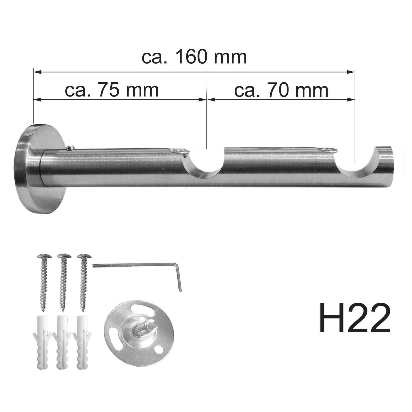 BASIT Gardinenstange Rohr Edelstahloptik 16 mm mit Wandträgern 280 cm E19, Ø 16 mm, 2-läufig, verschraubt, Metall, H22 280 cm E19 Knauf