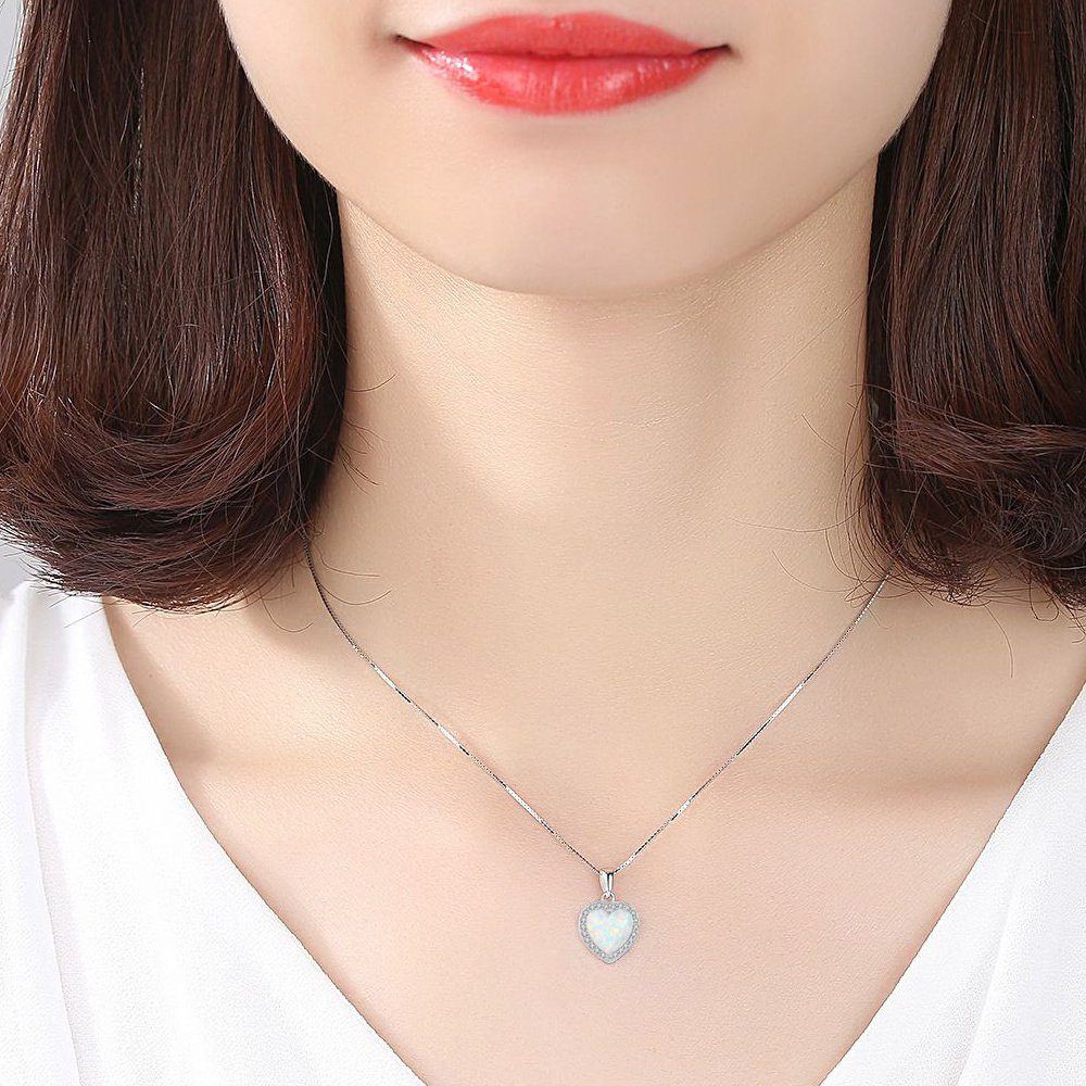 Limana Herzkette 925 Sterling Silber Kette mit Herz Anhänger 40-45cm künstlicher Opal, Liebe Geschenk für Frauen Damen Ehefrau Freundin Idee Liebesgeschenk