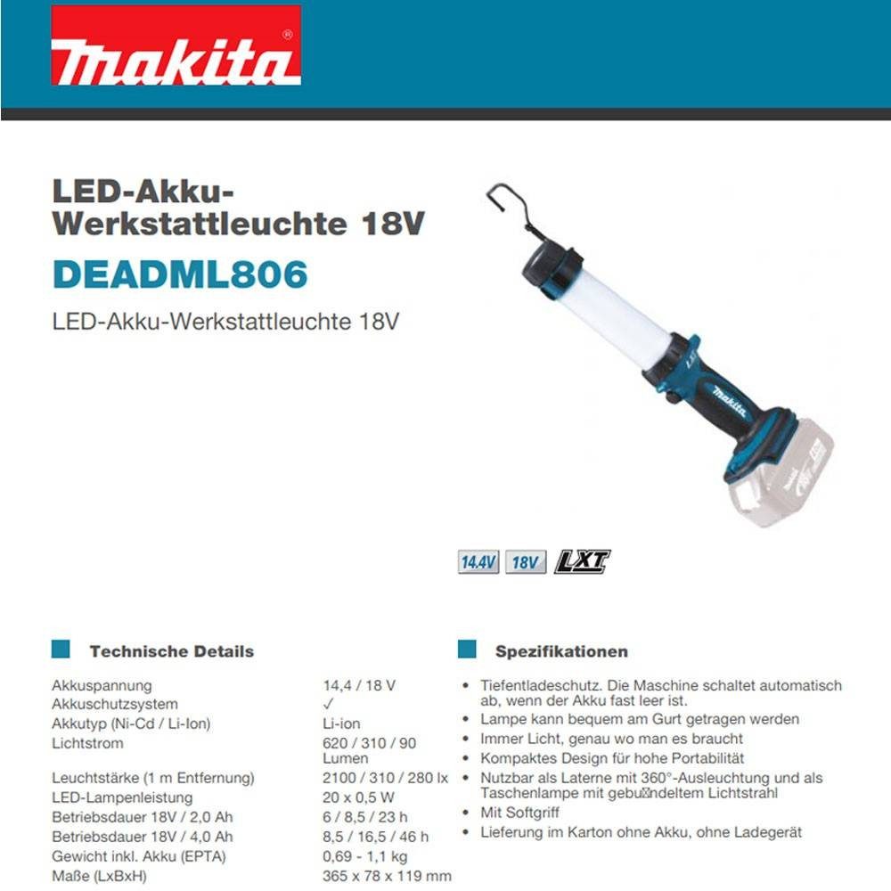 Makita Arbeitsleuchte LED-Akku-Werkstattleuchte 18V (ohne Akku, ohne Ladegerät DEBDML806
