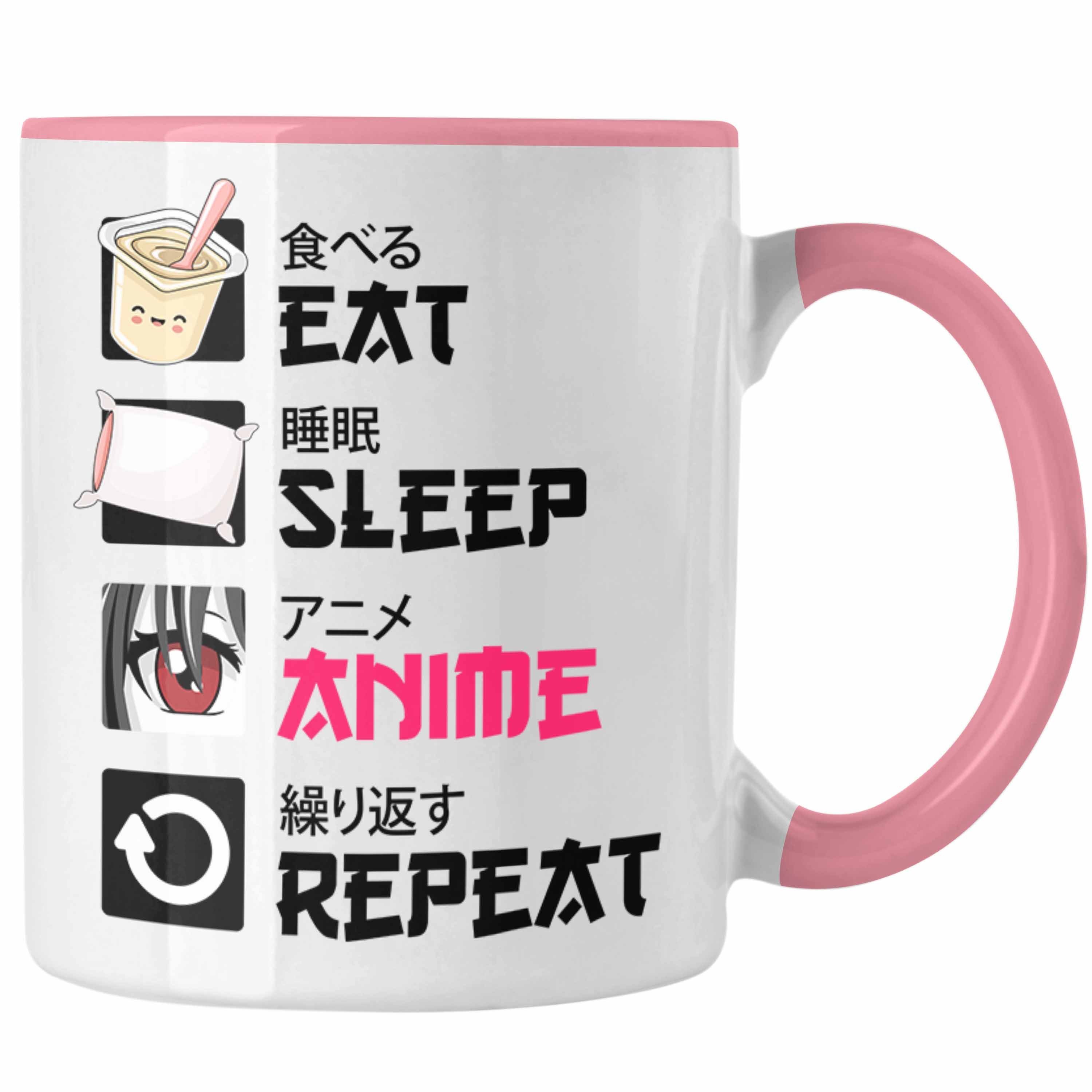 Trendation Tasse Trendation - Eat Sleep Anime Tasse Geschenk Spruch Kaffeetasse Geschenke Deko Rosa
