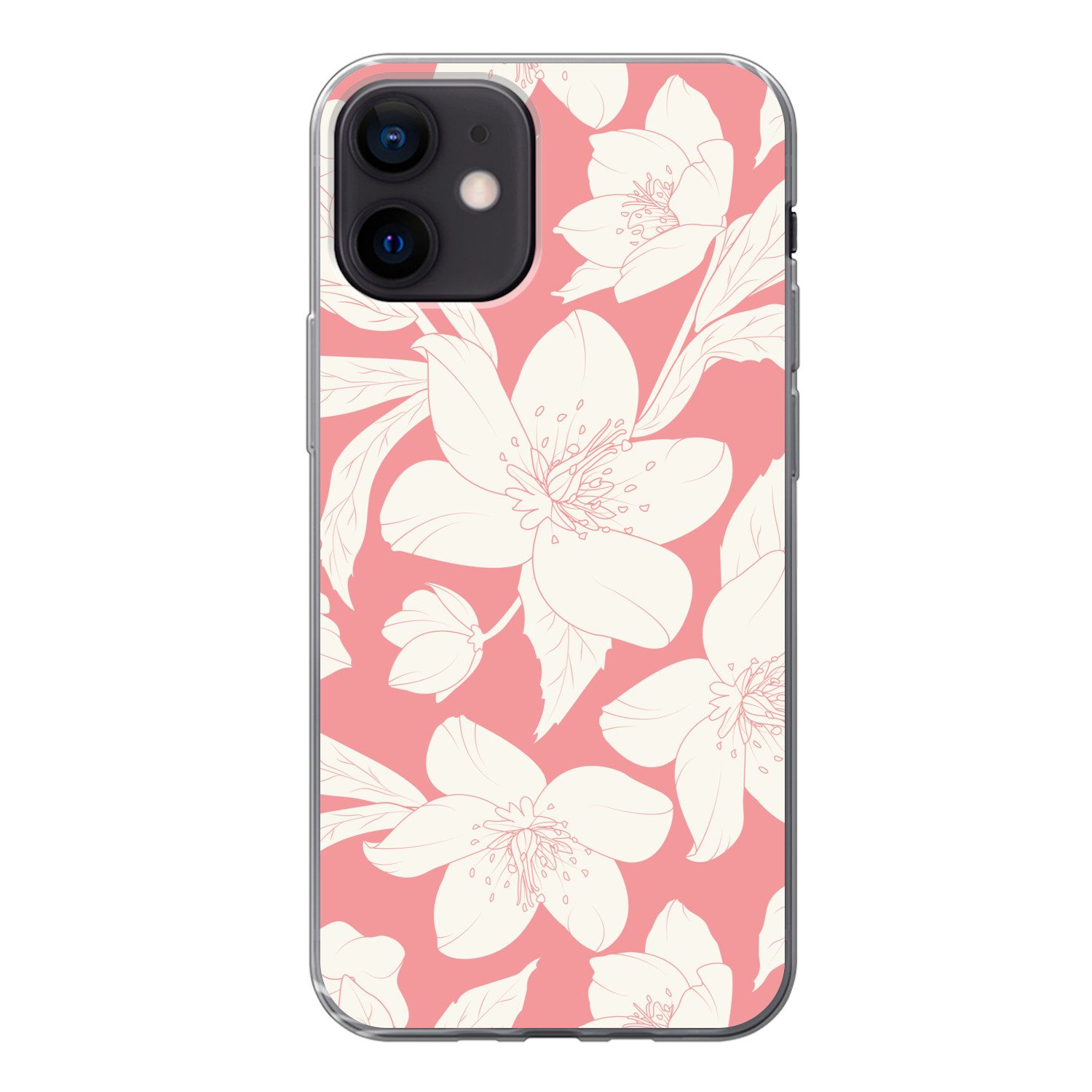 MuchoWow Handyhülle für Apple iPhone 12 Blumen - Muster - Rosa - Weiß, Smartphone-Bumper, Print, Handy Schutzhülle Dünn