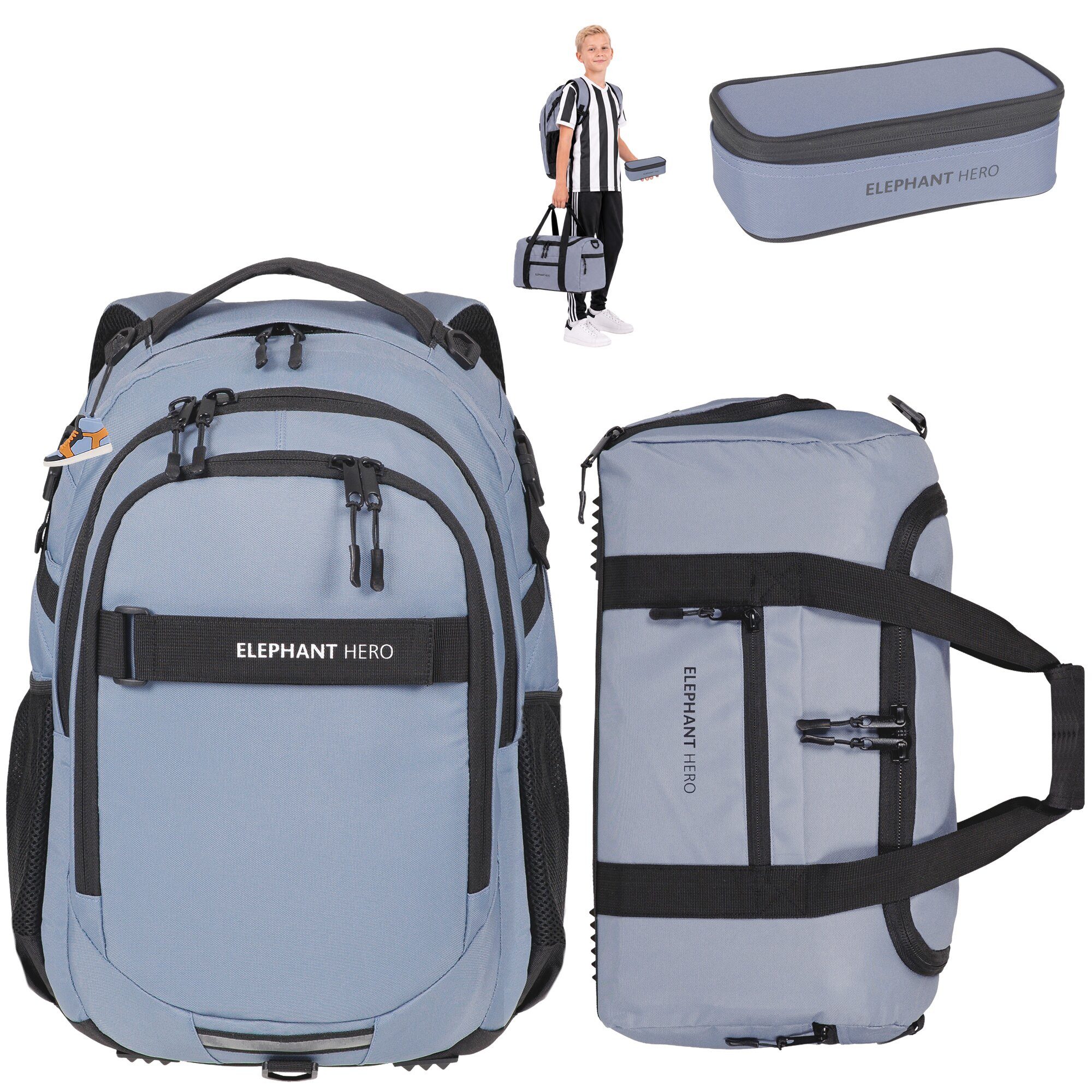 ELEPHANT Schulrucksack Hero Signature Schultasche (Set, 3-tlg., 3 Teile Rucksack Sporttasche Mäppchen Box), Softcase Schulranzen Schulmappe +rsm
