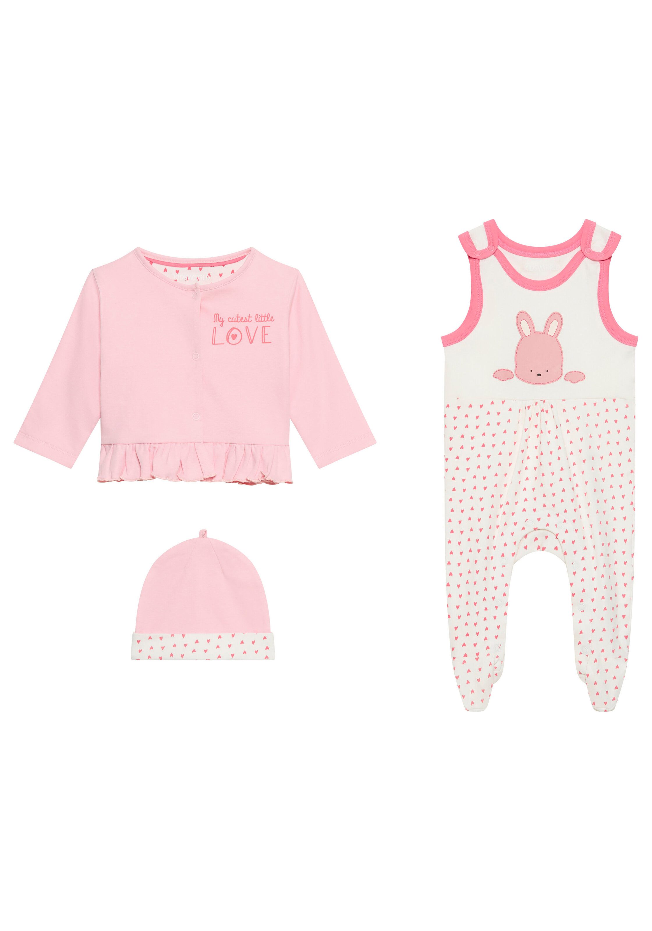 KIDSWORLD Strampler, Jäckchen & Mütze 3tlg Baby-Set, für kleine Mädchen (Set, 3-tlg., 3) aus Bio-Baumwolle