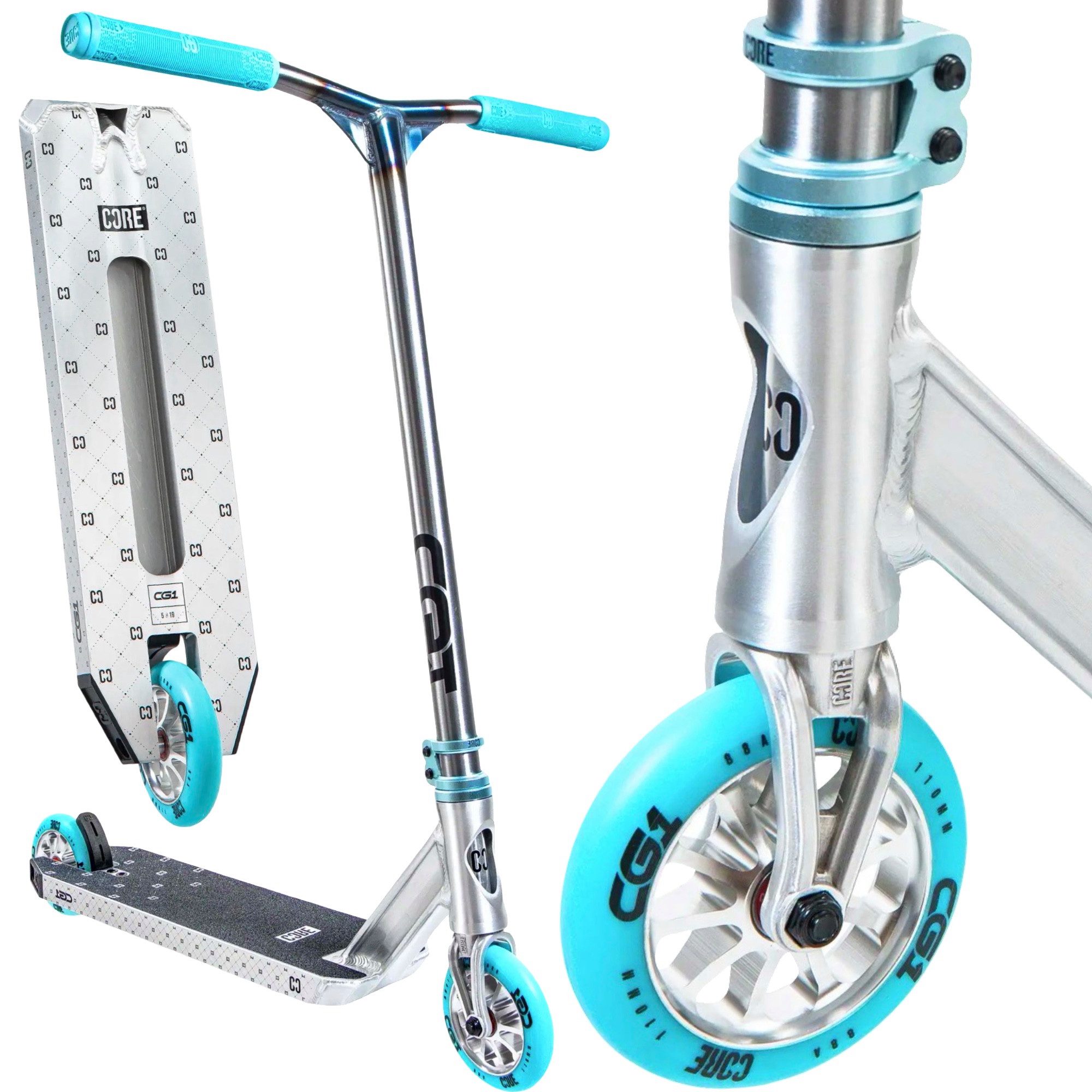 Stuntscooter CORE CG1 Stunt-Scooter Park H=81cm Silber Gebürstet / Türkis