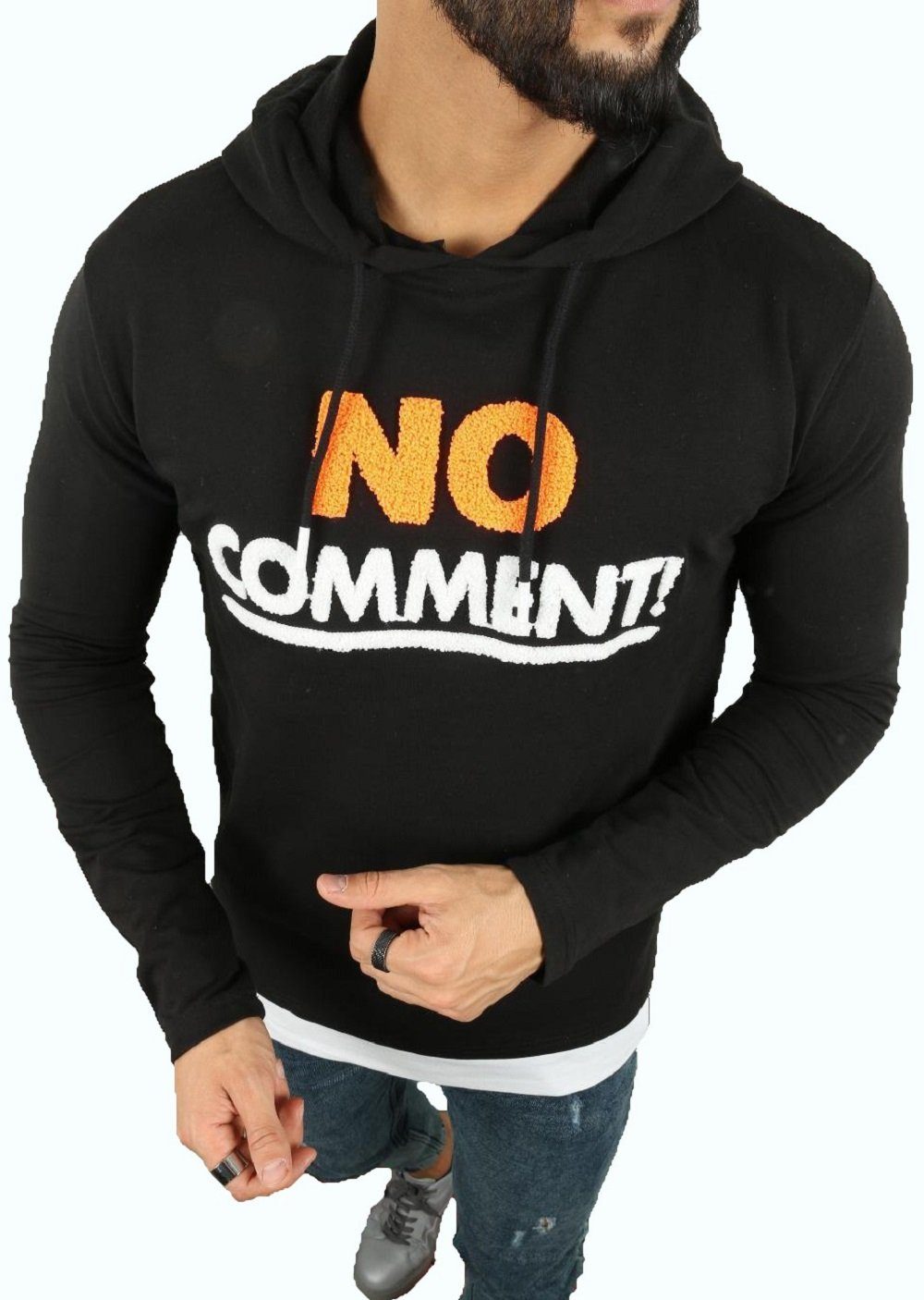 Megaman Jeans Kapuzenpullover Herren Pullover Kapuzenpullover "No Comment" Premium Hoodie Baumwolle Schwarz