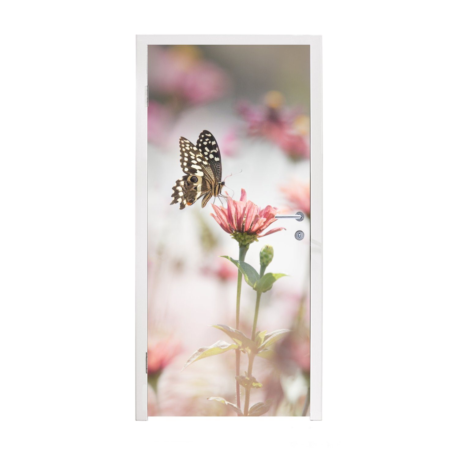 MuchoWow Türtapete Schmetterling - Blume - Rosa, Matt, bedruckt, (1 St), Fototapete für Tür, Türaufkleber, 75x205 cm