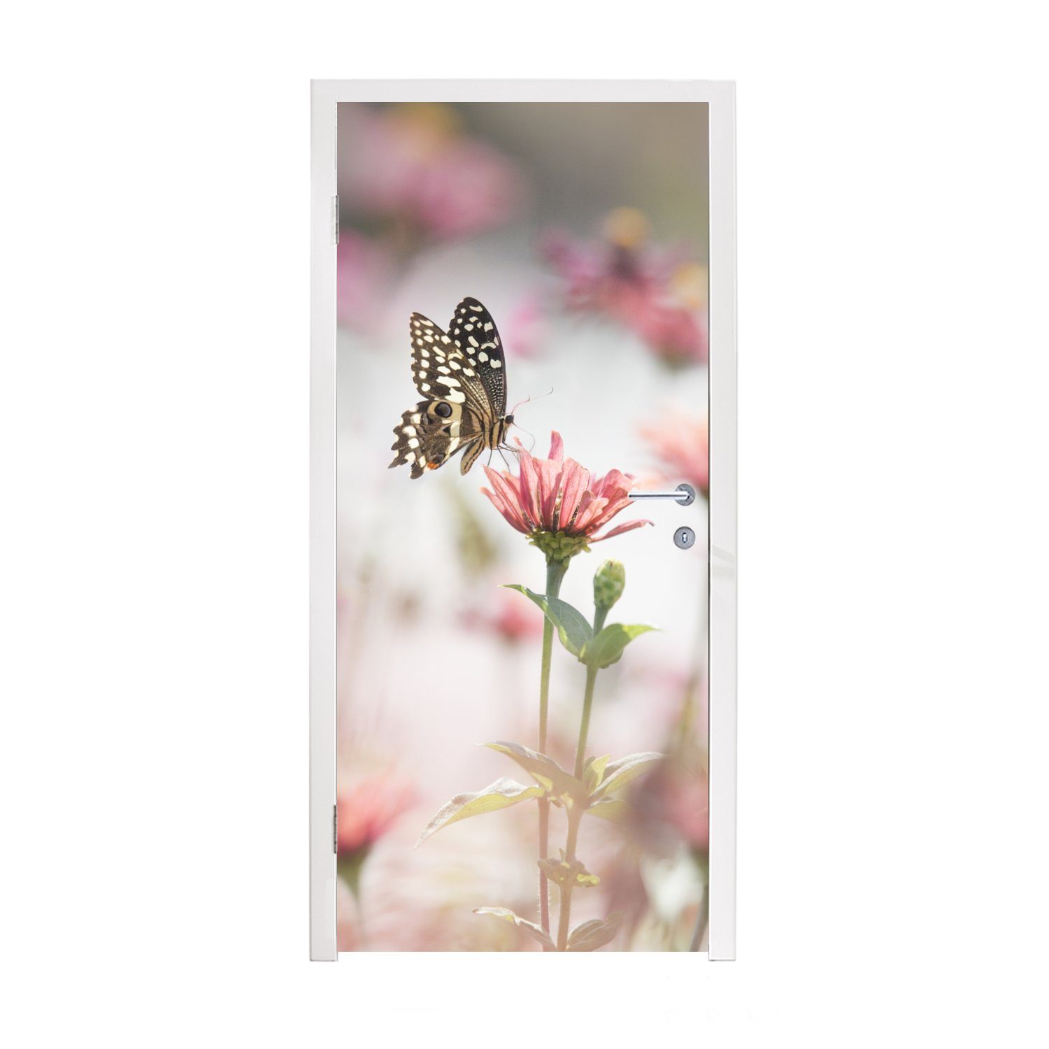 MuchoWow Türtapete Schmetterling - Blume - Rosa, Matt, bedruckt, (1 St), Selbstklebende Tapete, Folie für Möbel, 75x205 cm