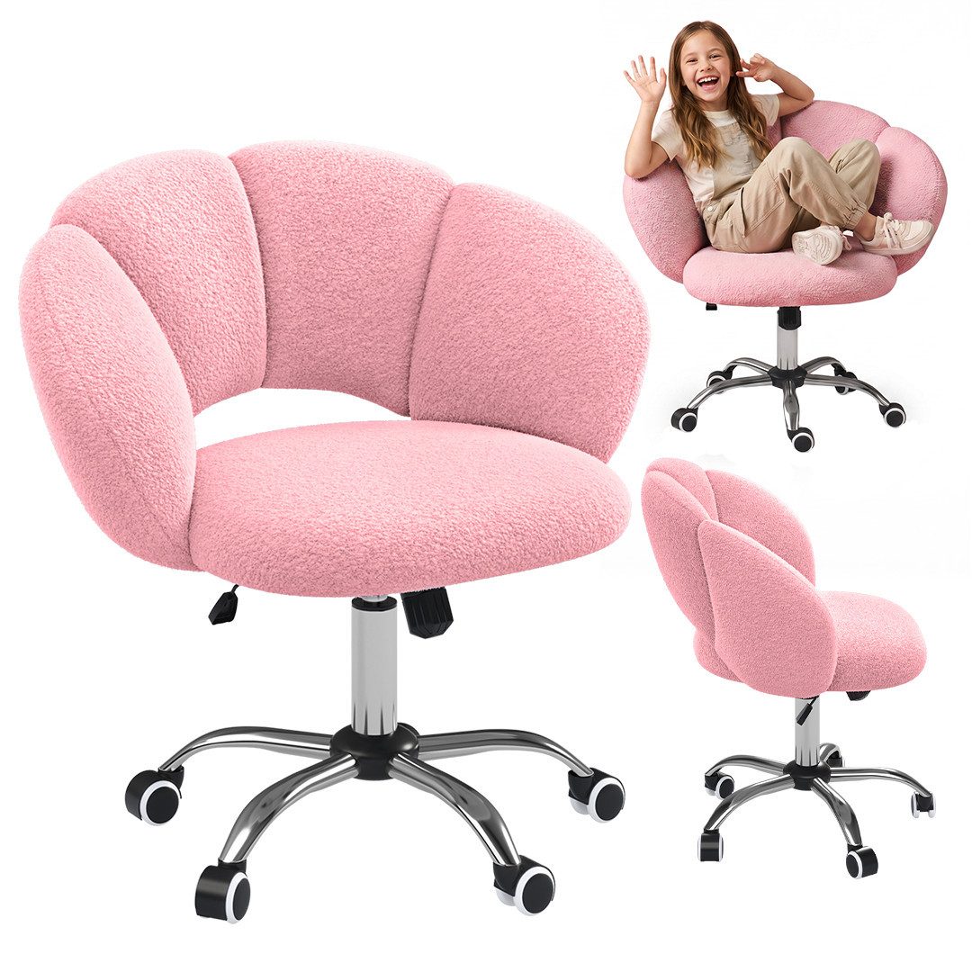 Bellabino Kinderstuhl Meli Kinderschreibtischstuhl 360° drehbar & höhenverstellbar (rosa, Wolkenstuhl), weicher Teddy-Bouclé Stoff, Kinderschminktischstuhl mit 5 Rollen