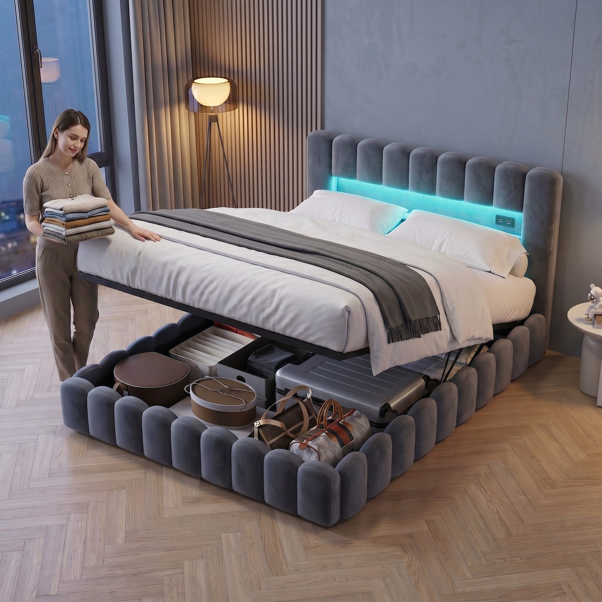 PXloue Polsterbett Doppelbett Jugendbett (ohne Matratze), Stauraumbett, Bettkasten, LED-Beleuchtung, USB-Anschluss, 180x200 cm – Bild 3 von 5