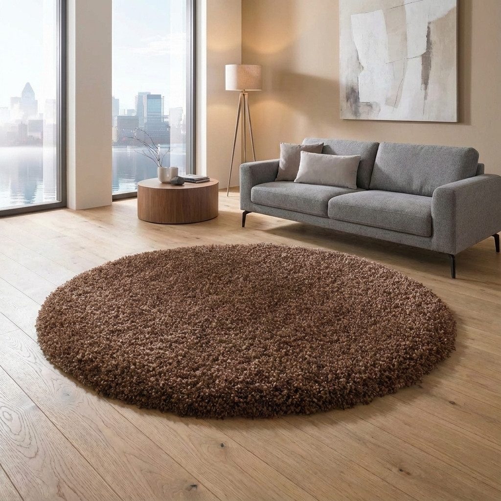 TaCa Home Langflor-Teppich Shaggy Teppich Langflor, rund, Höhe: 60 mm, Schlafzimmer Kinderzimmer Wohnzimmer, rostbraun - 120 x 120 cm rund