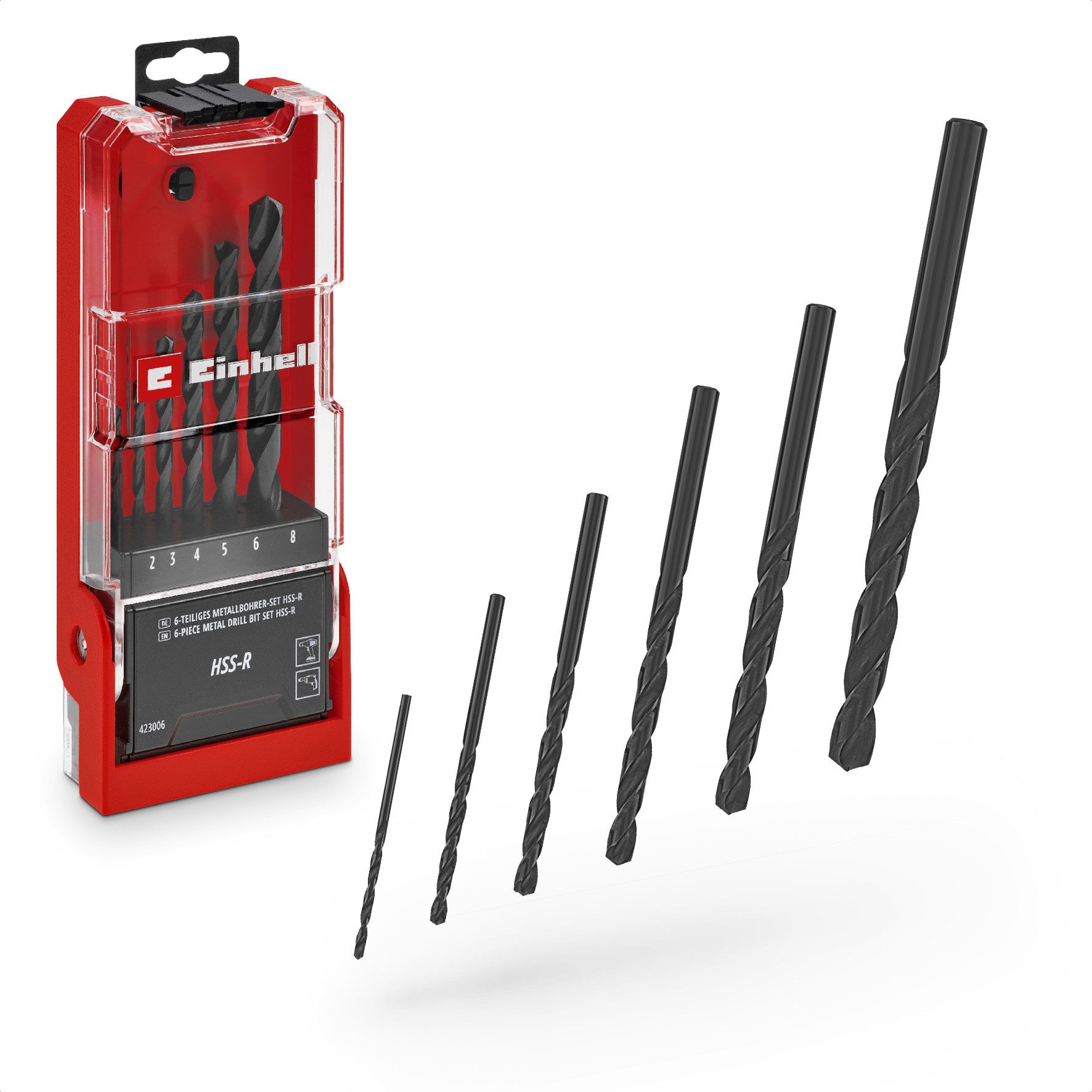 Einhell Bohrer- und Bit-Set Original Einhell 6-tlg. HSS-R Metallbohrer-Set (HSS 4241 Stahl, schwar, (6x HSS-R Metallbohrer (2 / 3 / 4 / 5 / 6 / 8 mm), 1x Aufbewahrungskassette (15,0 x 6,2 x 2,6 cm), 6-tlg), Original Einhell 6-tlg. HSS-R Metallbohrer-Set (HSS 4241 Stahl, schwar