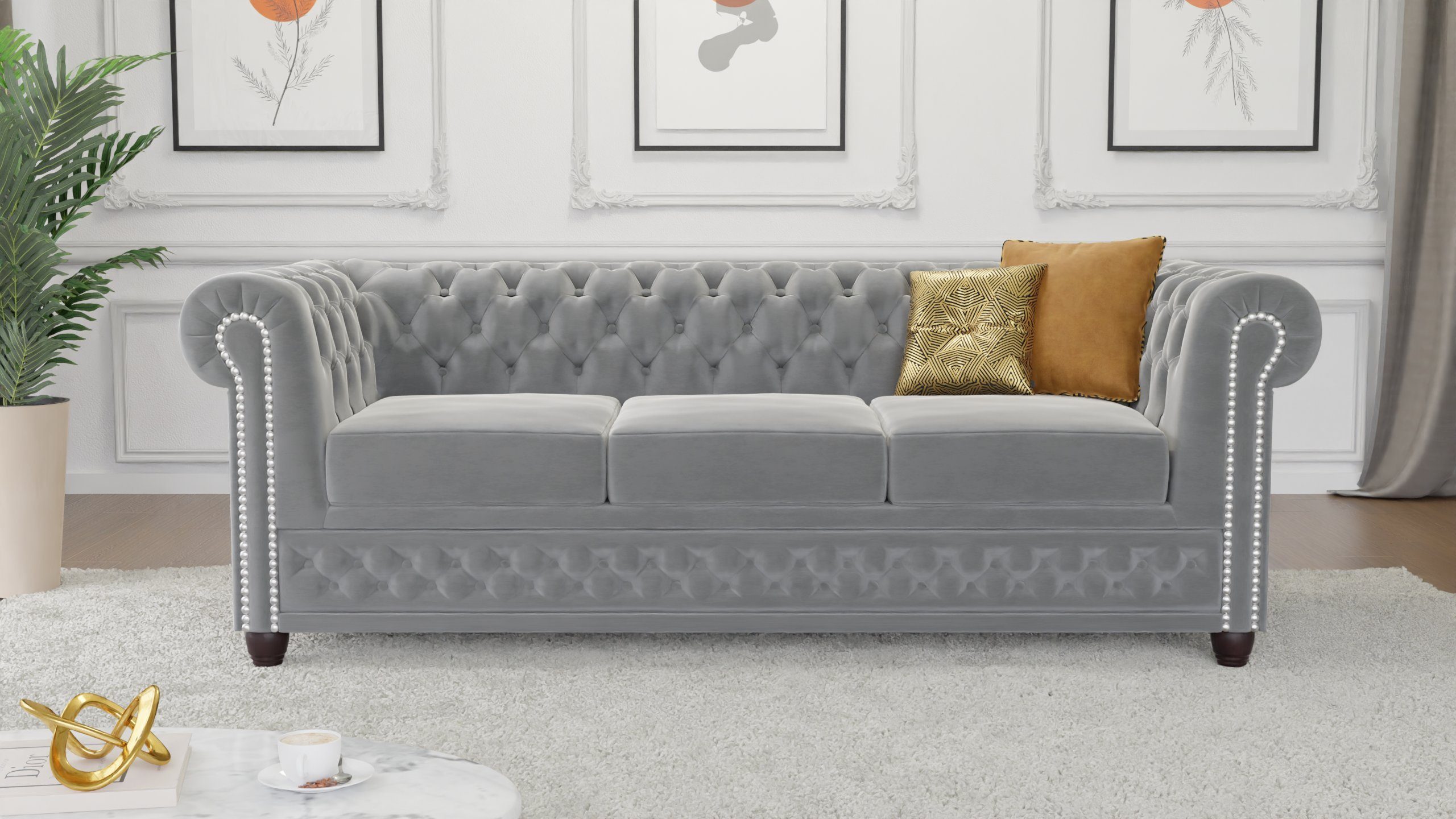 S-Style Möbel Chesterfield-Sofa Chesterfield Lena 3-Sitzer Sofa aus Samt-Stoff mit Holzfüßen, 3-Sitzer, mit Wellenfederung