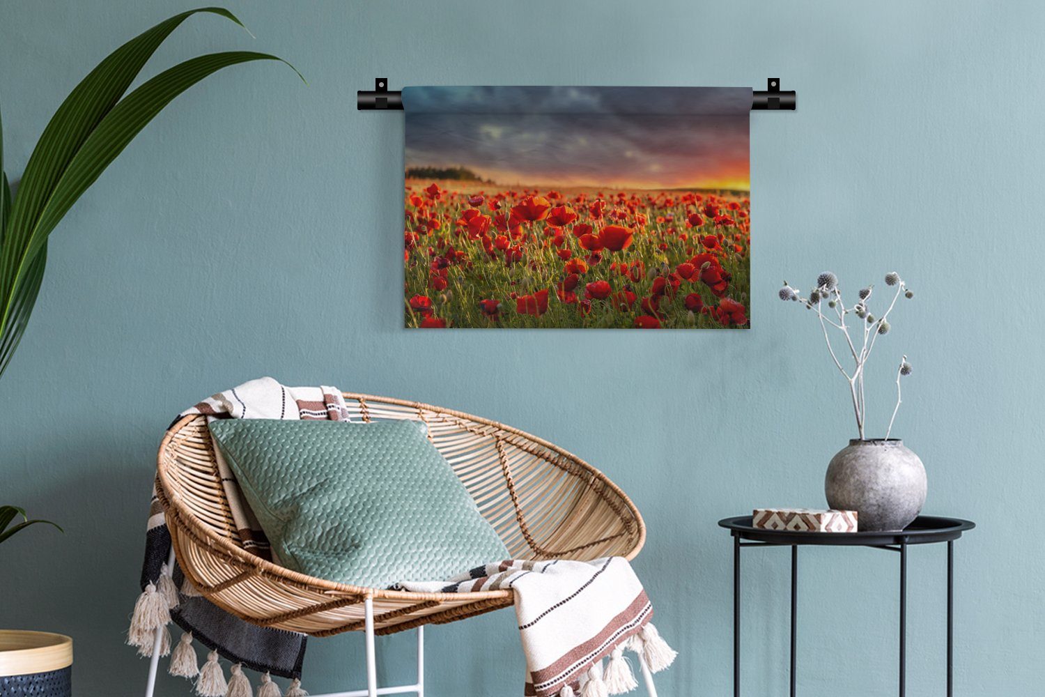 für Wohnzimmer, Wandbehang, Schlafzimmer, Blumen Natur, Feld - - Sonnenuntergang Rot - Mohnblumen Wanddeko - Kleid, - MuchoWow Wanddekoobjekt Kinderzimmer